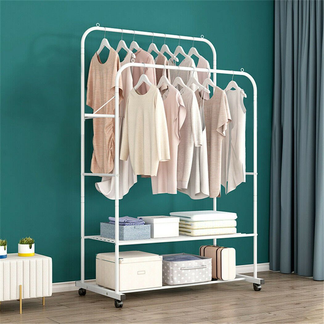 Clothing Rack With Wheels, Double Rail Rolling Clothes Rack For Bedroom, Heavy Duty Garment Load 50kg With Shelf On Wheels, Indoor Portable Wardrobe Stand