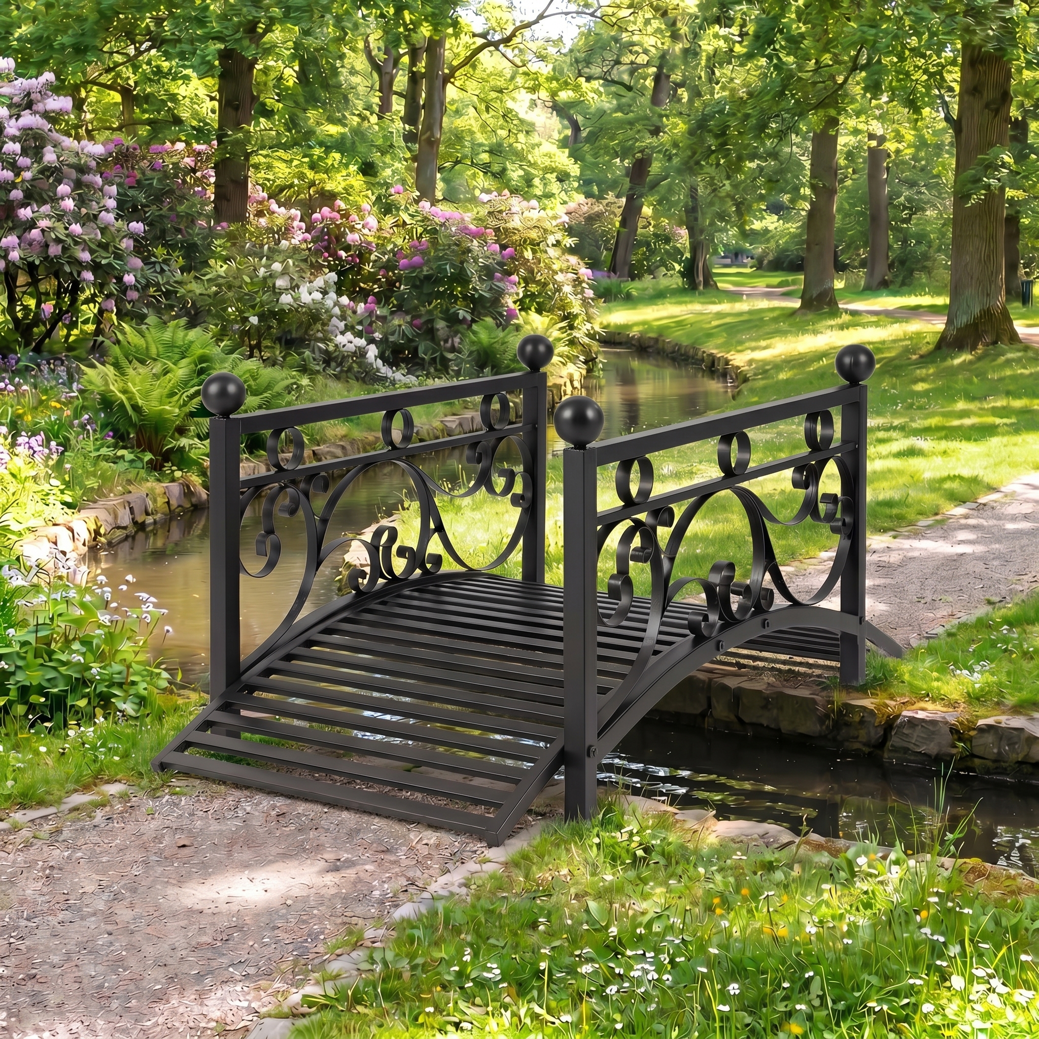 Image of 3.3 Ft Garden Metal Bridge, Outdoor With Dual Patterned Side Rails, 330 Lbs Capacity, Decorative Landscape Bridge For Backyard, Lawn, Pond And Gravel Path, Black