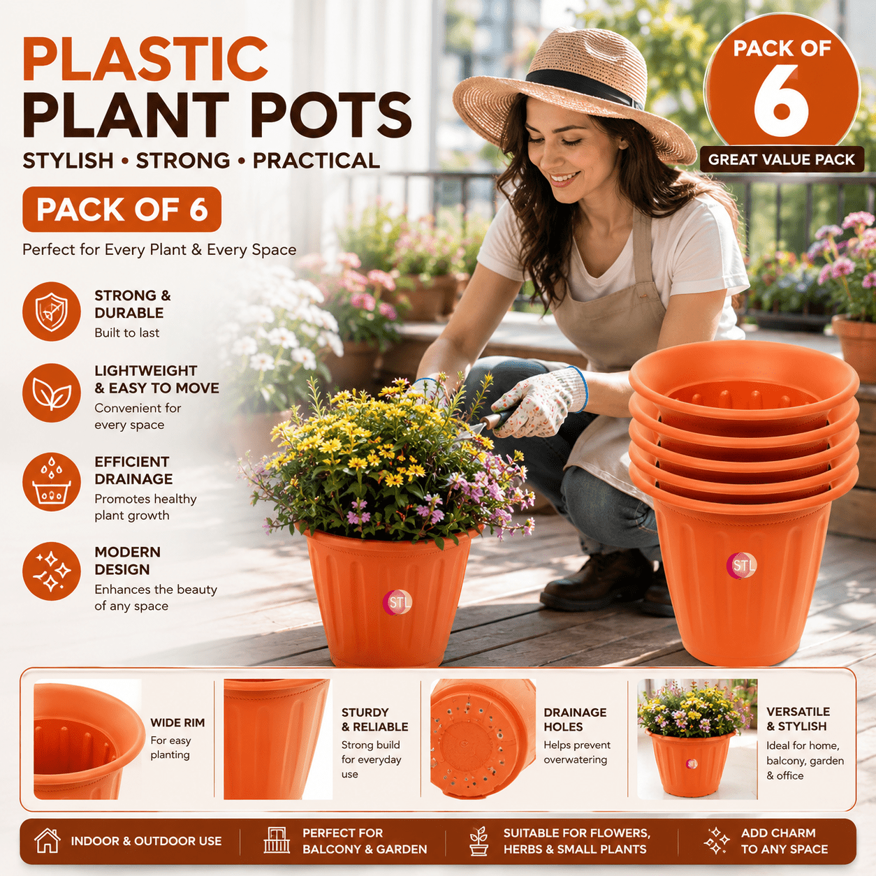 TEMU Stl 6 Pcs Cylindrical Shape Plastic Plant Pots Nursery Pots With Drainage Holes Lightweight, Flexible & Durable Flower Pots For Seedlings, ,