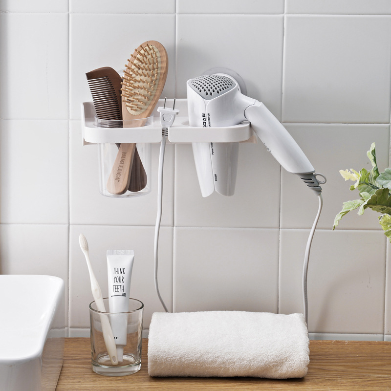 Image of Punch-free Suction Cup Wall Mount Hair Dryer Holder With Comb Storage Slot, No Drill Bathroom Hairdryer Organizer Rack For Hair Styling Tools