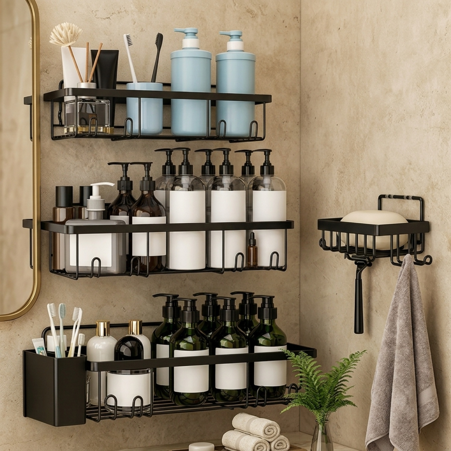 No-drill Shower Caddy, Shower Shelf, Carbon Steel Bathroom Shelf, 5-piece Shampoo Holder For Shower, Holder With Hooks