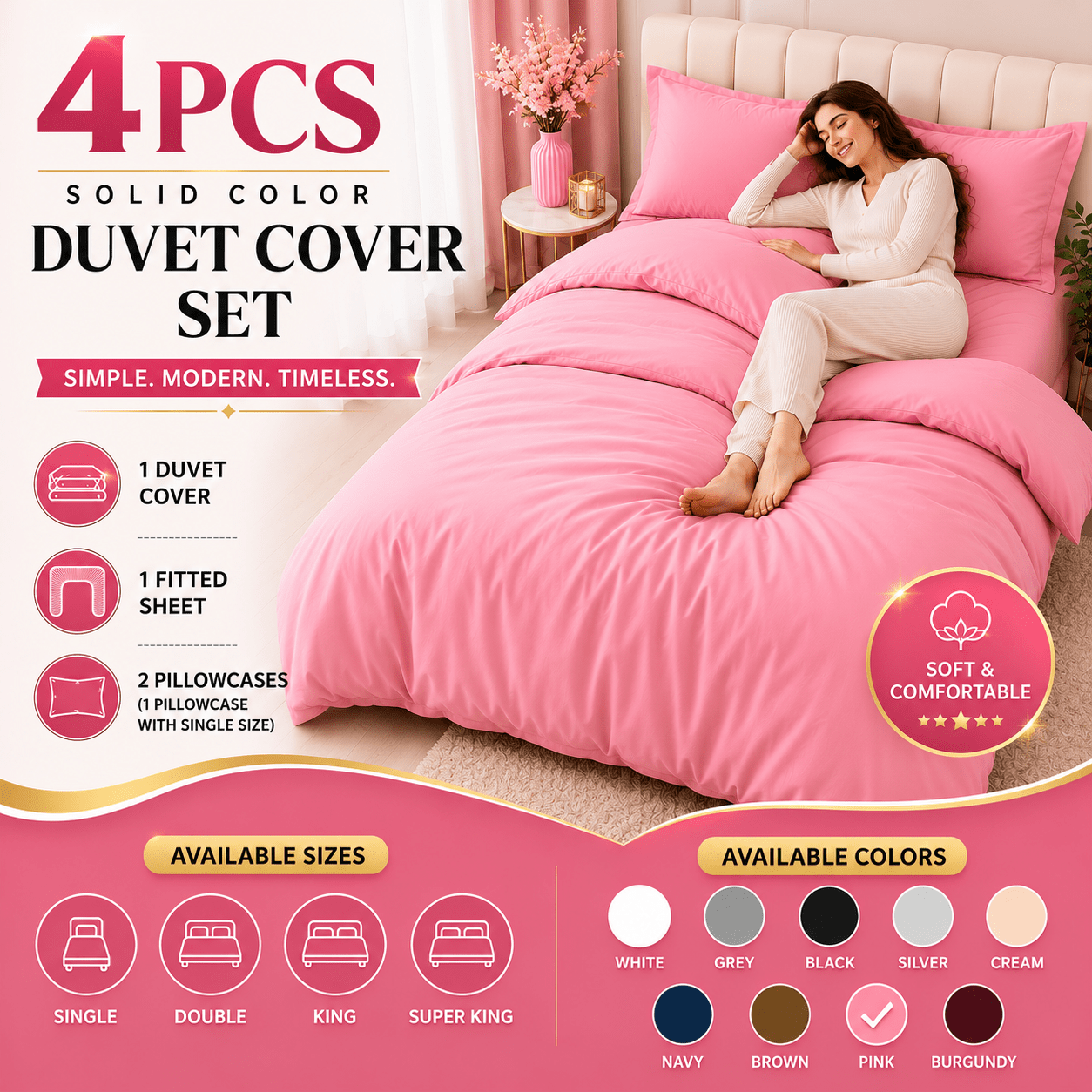 TEMU 4pcs Quilt Cover Set , Cooling Soft Breathable Microfiber Plain Solid Color, All Season Wrinkle Resistant Bedding, Room Quality