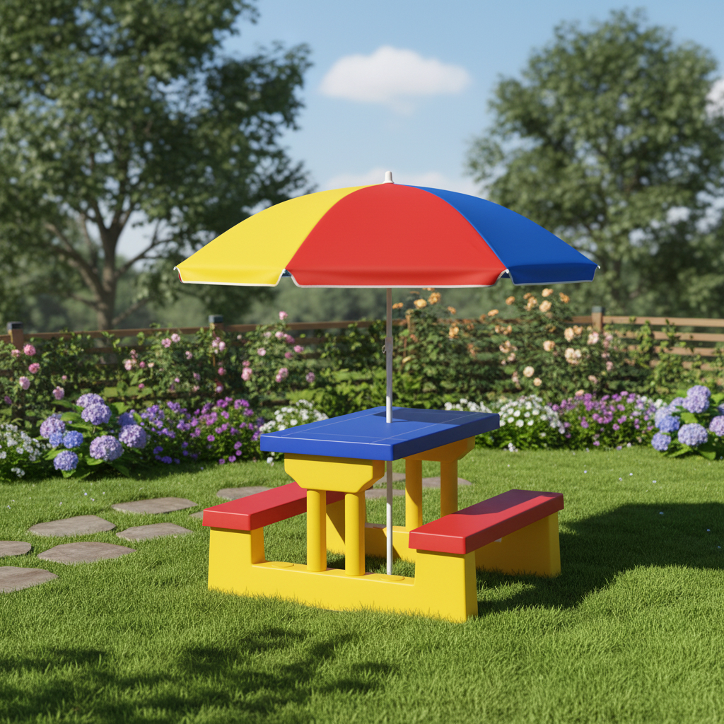 4-seat Picnic Table With Removable Folding Sunshade, Outdoor Table And Bench With Premium Pp Construction And Umbrella