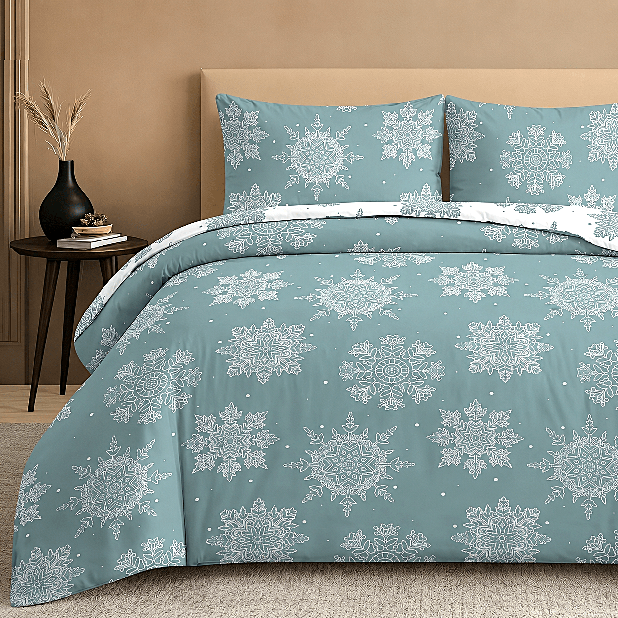 TEMU 3-piece Snowflake Reversible Duvet Cover Set | Christmas Bedding Quilt Set | Includes 2 Pillowcases | Soft Poly-cotton Blend (52% Cotton, 48%