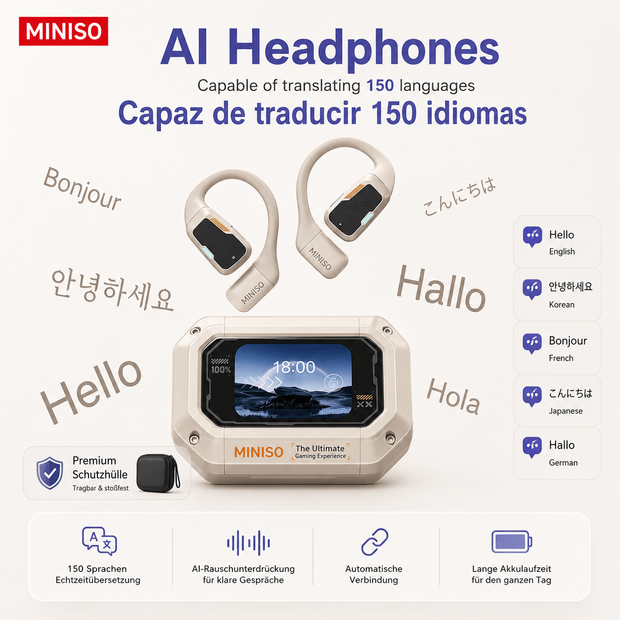 Image of Miniso M98 New Translation Earbuds, Real-time Translation For 135 Languages, Hd Display, Extremely Long , Ergonomic Versatile Design, Perfect For Business Meetings & Language Learning