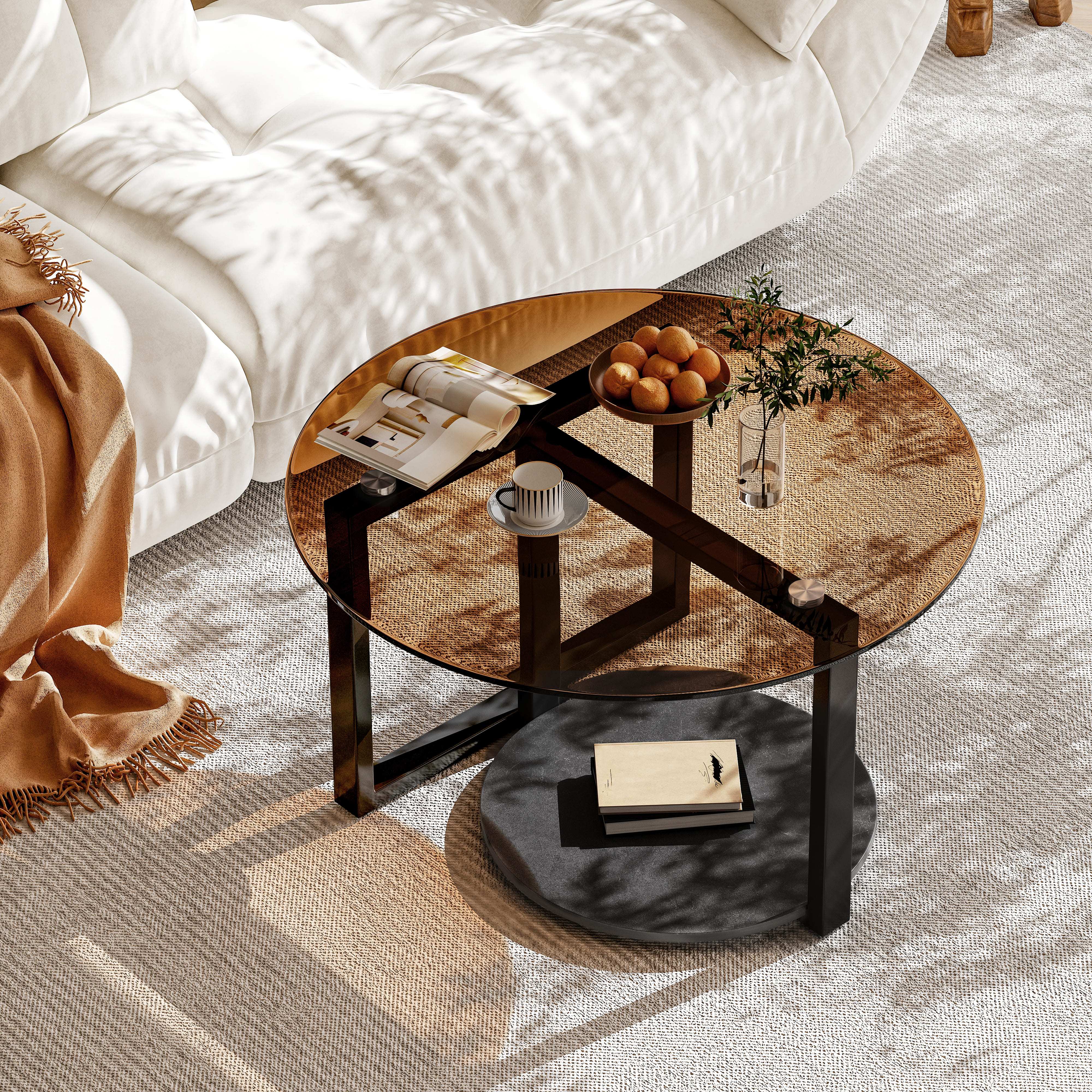 Image of Round Coffee Table 2-tier - Amber Tempered Glass Top With Sintered Stone Shelf, Sturdy Black Metal Frame, For Living Room Lounge Bureau Bedroom, 80x46.5cm