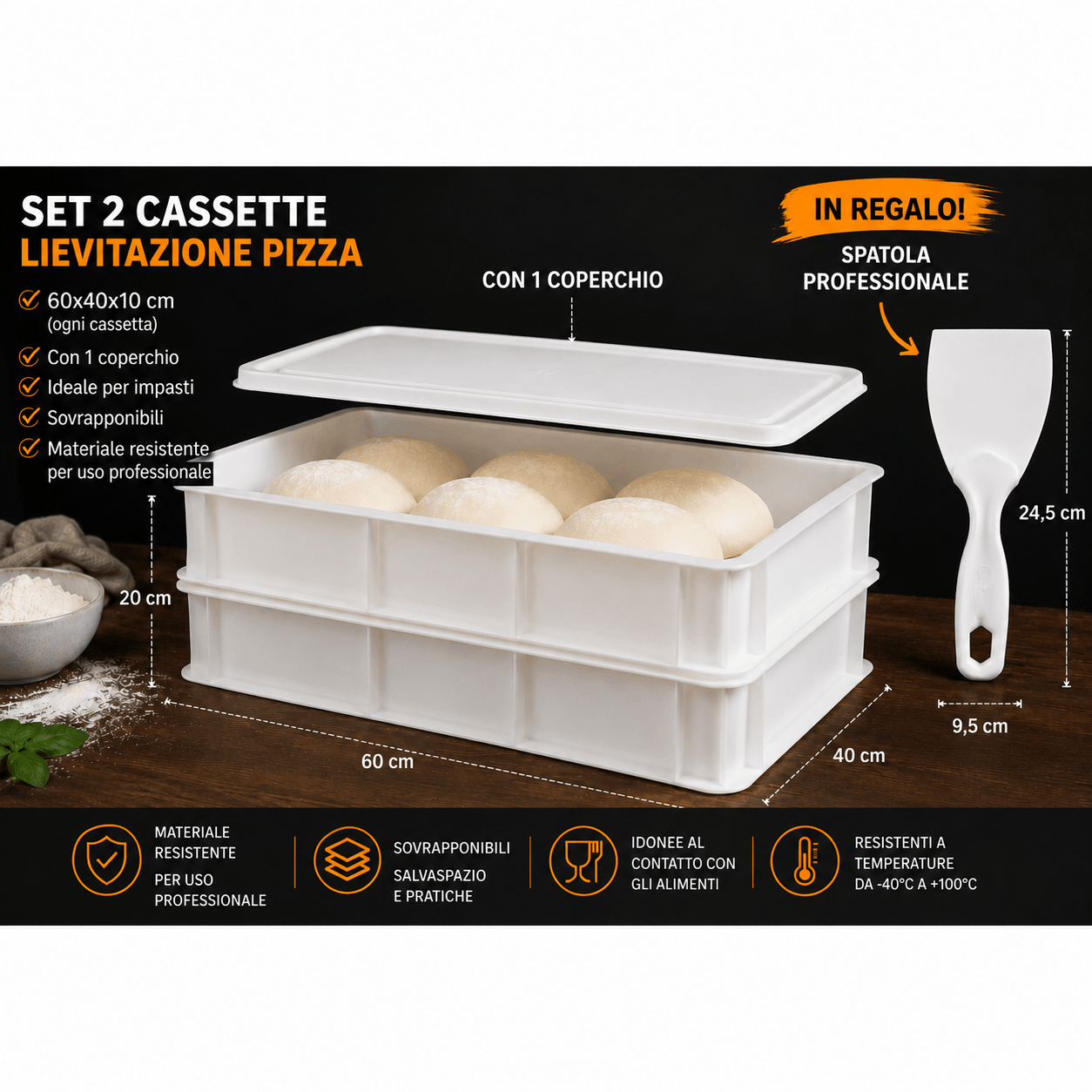 TEMU 2 Professional Pizza Rising Cassette With 60x40x10 Dough Holder And 1 Lid | Free Professional Pizza Cutter For Pizzaioli And Kitchen As A Gift