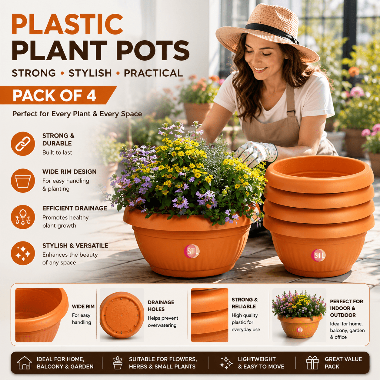 TEMU Stl Pk Of 4 Plastic Plant Pots Nursery With Drainage Holes Lightweight, Flexible &durable Flower Pots For Seedlings, , Transplanting Ideal For