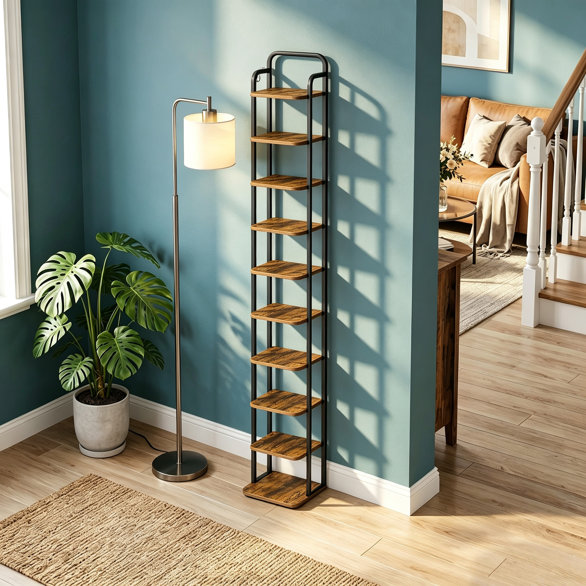 Image of Vertical Shoe Rack, 10-tier Narrow Design, Independent And Adjustable, Space-saving For Small Apartments, In Brown And Black.