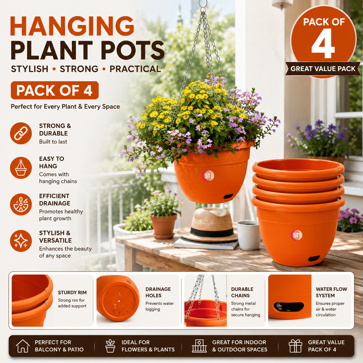 TEMU Stl 4pcs Hanging Basket Plastic Plant Pots Nursery Pots With Drainage Holes Lightweight, Flexible & Durable Flower Pots For Seedlings, ,