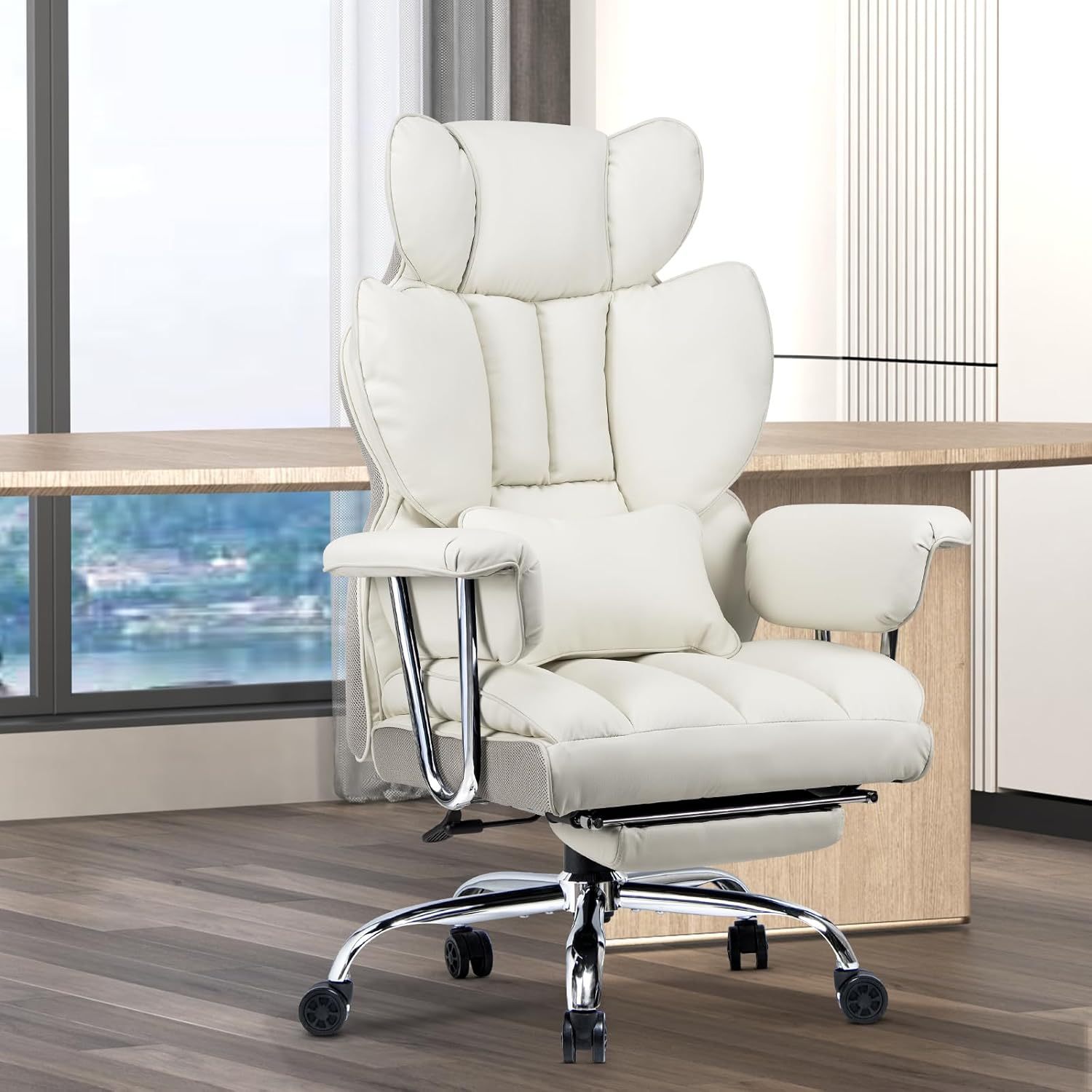 TEMU Chaise de bureau ergonomique pivotante à haut avec -pieds, chaise de bureau rembourrée en cuir PU pour bureau à domicile