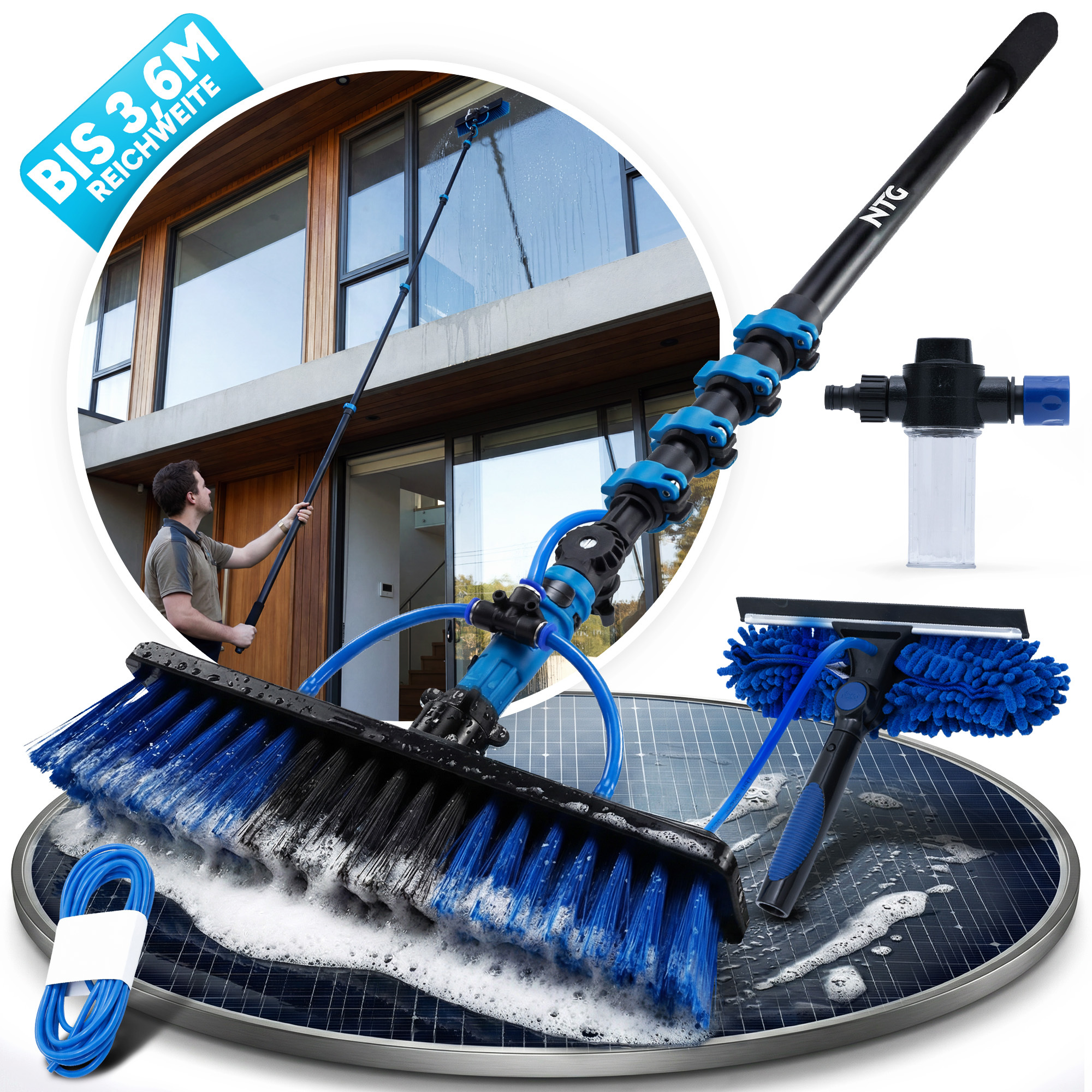 Ntg Telescope Brush 3.6 Windows, , And Solar Panels With Nozzles, Aluminum Telescope Rod, Hose, And Soap Dispenser