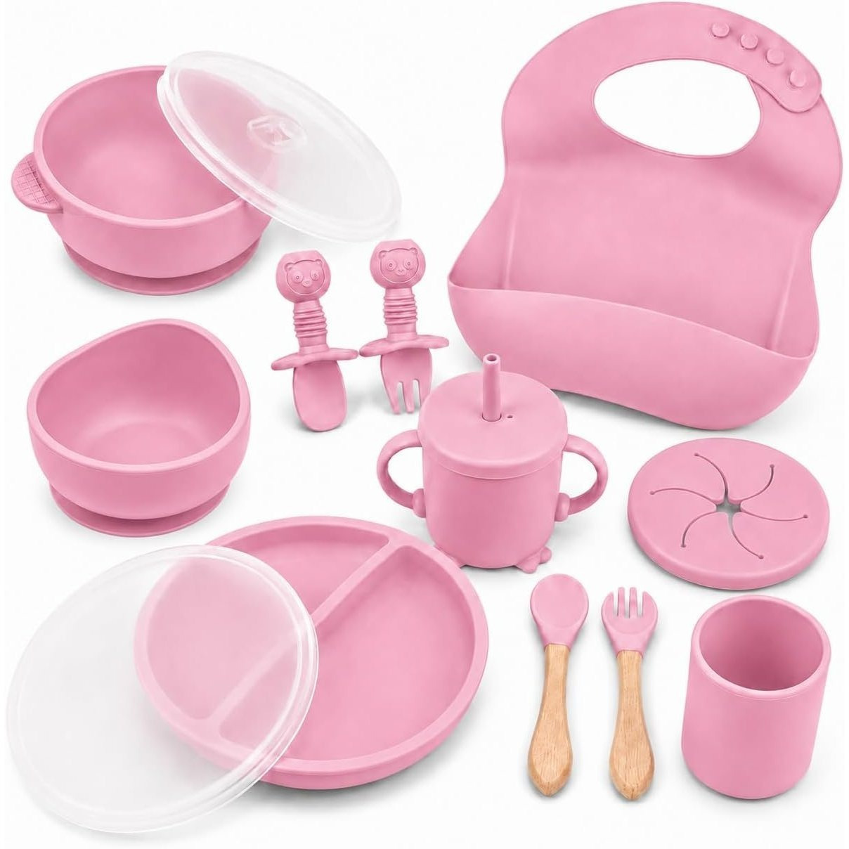 TEMU Blue Silicone Baby Feeding Set – Non-slip Infant Tableware With Plate, Bowl, Cup, Bib, And Utensils, Blw Set For Babies, Bpa-free