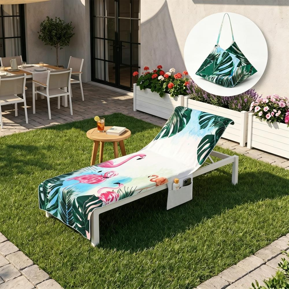 TEMU 1pc Lounge Chair Towel Cover With 2 Pockets – Cooling Chaise Cover For Pool, Beach, Garden, Courtyard, Camping, Balcony & Outdoor Travel,