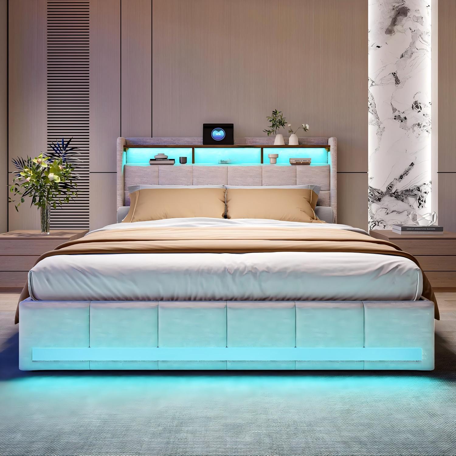TEMU YCZ Lit capitonné, 160 x 200 cm, lit double, LED, avec 4 tiroirs, tête de lit avec espace de rangement et fonction de charge USB/Type-C, lin,