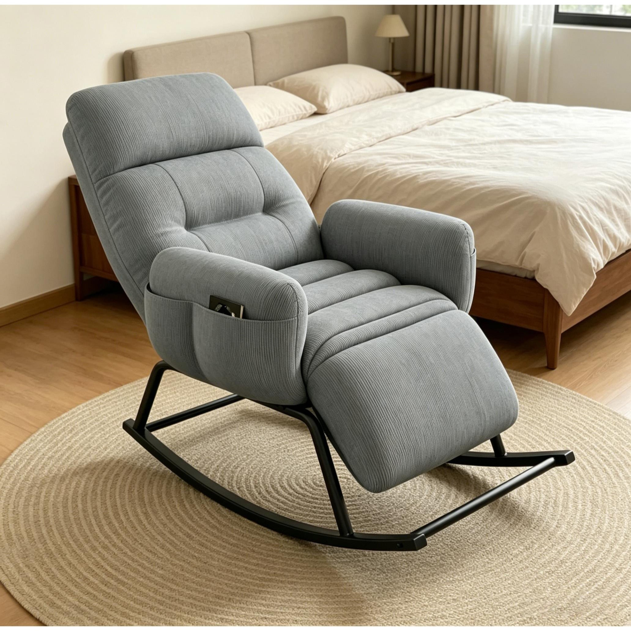 Oversized Rocking Chair With Adjustable Backrest And Footrest – Outdoor Reading Chair & Indoor Recliner; Comfortable Corduroy Rocker Suitable For Patio, Porch, Balcony, And Living Room