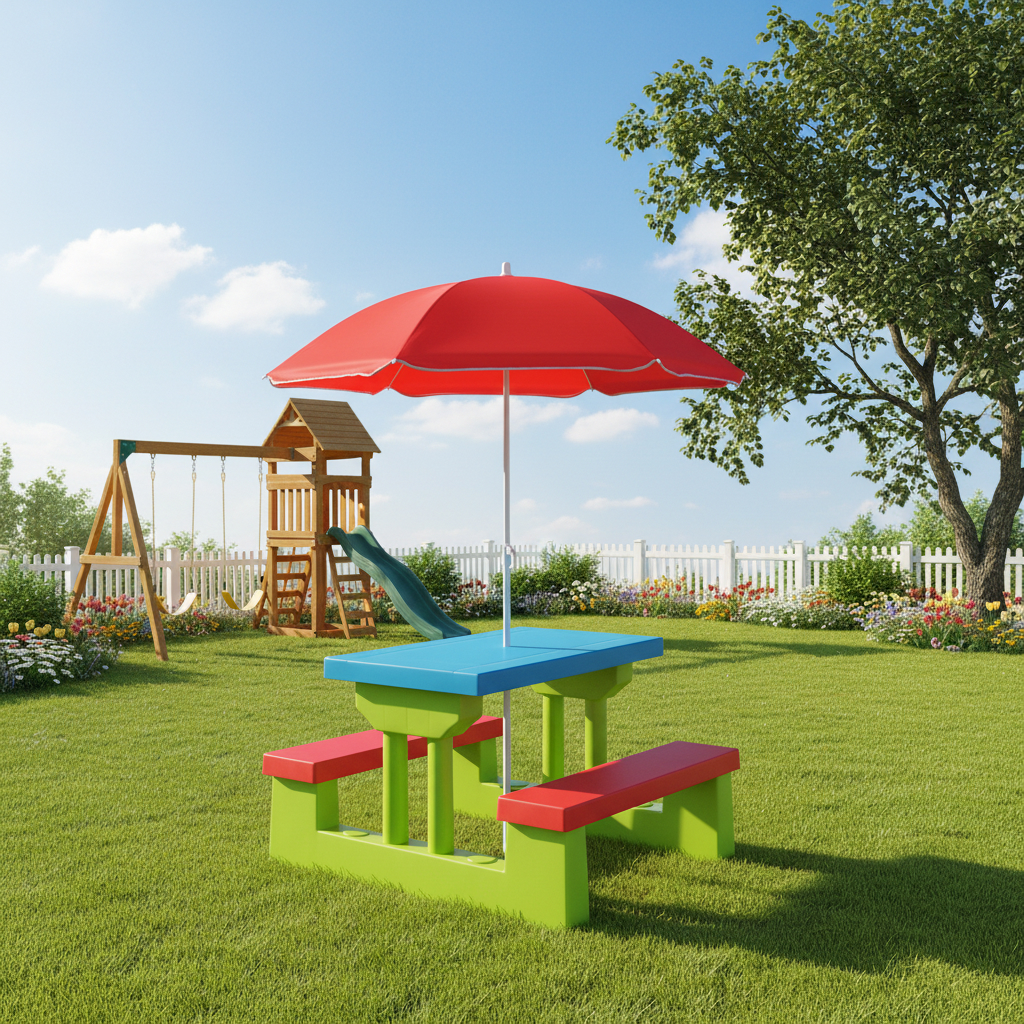 Picnic Table Set With Umbrella, Pp Table & Benches, Removable Foldable 6-rib Sunshade, Outdoor/indoor Activity Seating For Backyard, Garden, Patio
