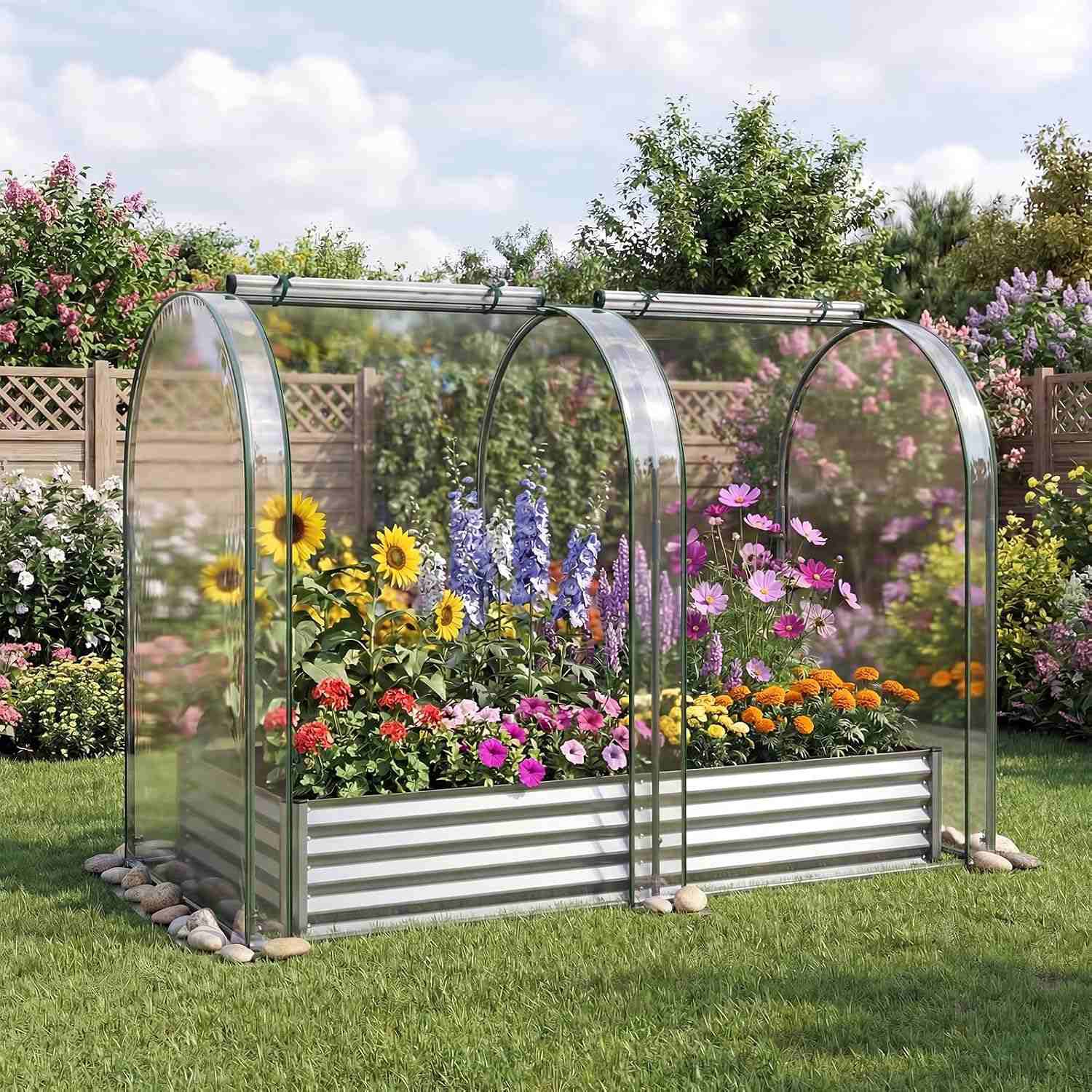 Image of 180 X 100 X 145 Cm Galvanized Raised Garden Bed With Greenhouse Cover, Outdoor Metal Planter Box With 2 Roll-up Windows, Clear Pvc Mini Greenhouse For Vegetables Flowers Herbs, Outdoor Patio Gardening