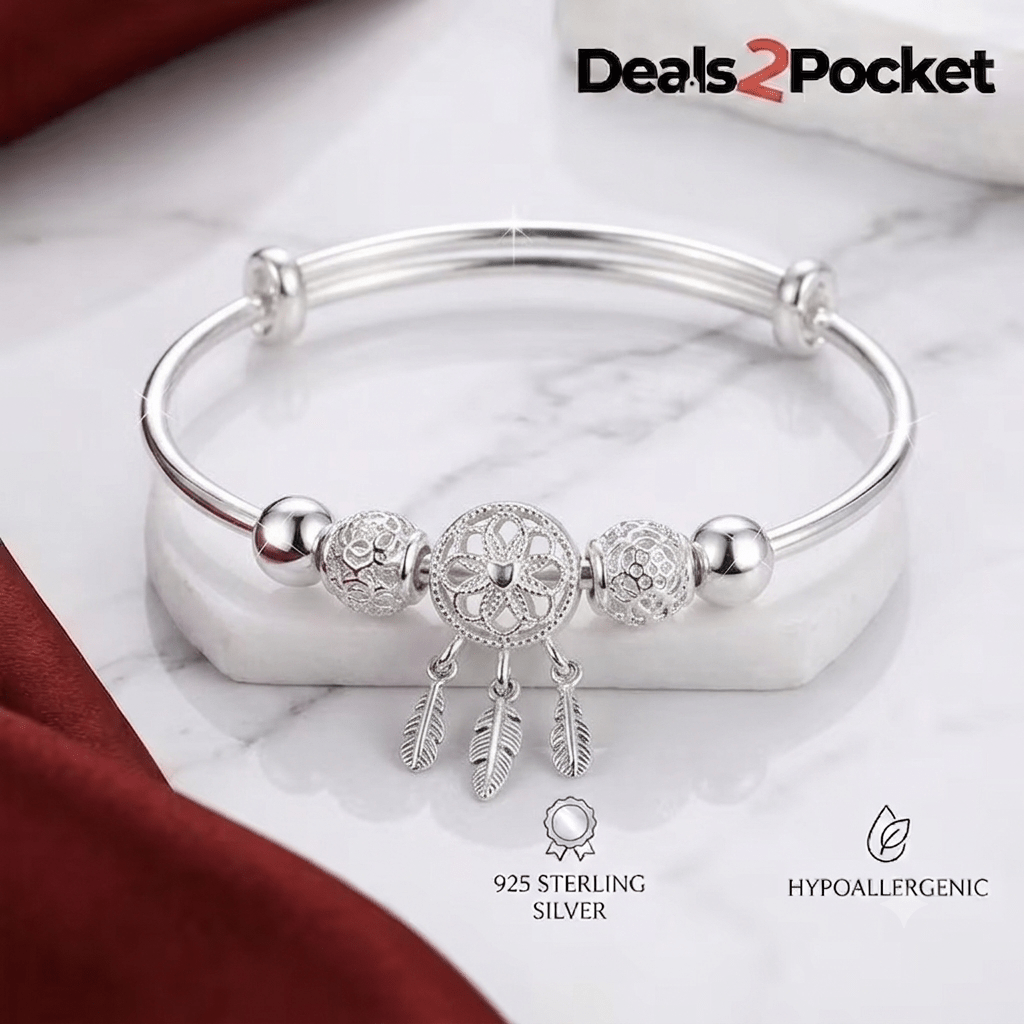 TEMU 925 Sterling Silver Adjustable Beaded Bangle – Elegant Charm Bracelet For Women