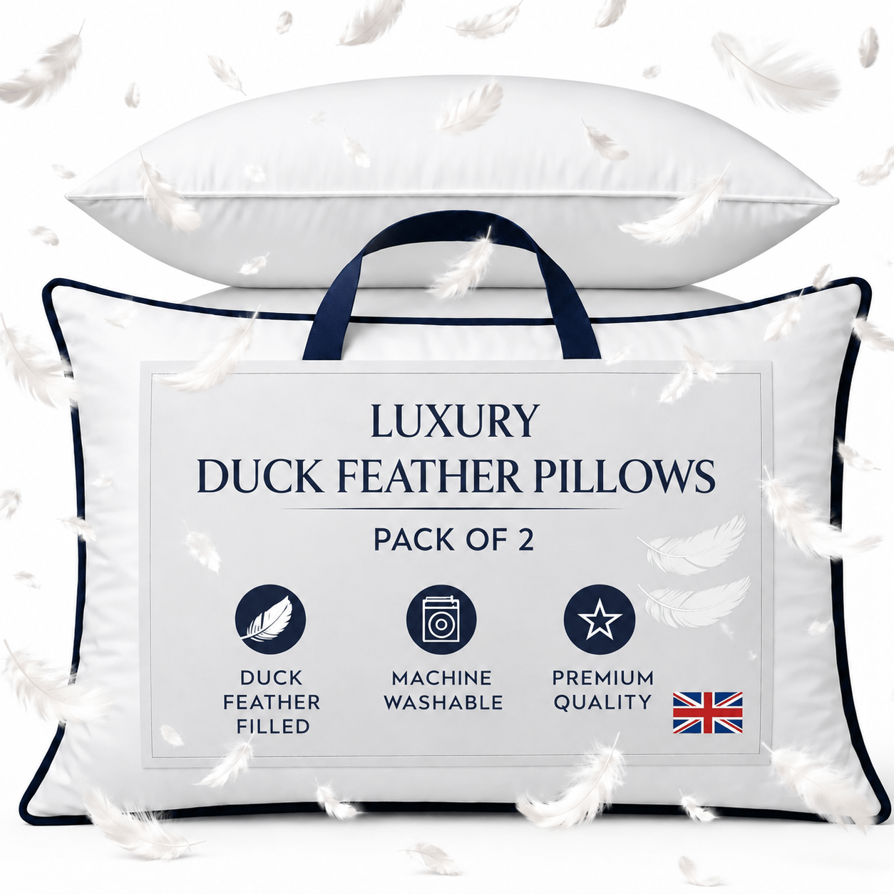 TEMU Duck Feather & Down Pillows Pack Of 2, Hotel Quality Bed Pillows Size (48cm X 74cm), Soft Support Medium Firm Sleeping Pillows With Breathable