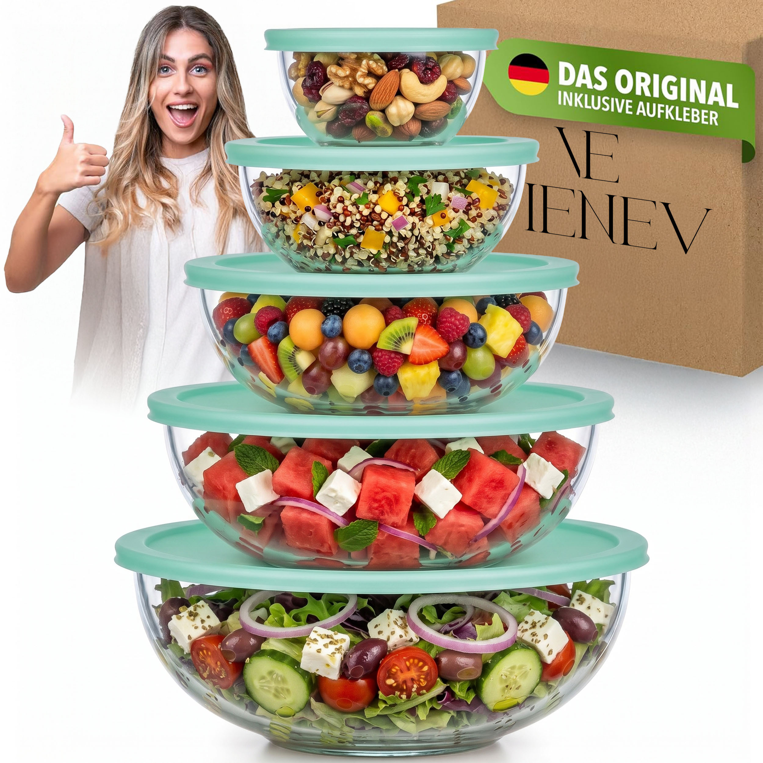 In A 5pcs Glass Salad Bowl Set With Lid, Bpa-free Borosilicate Glass, Dishwasher-, Microwave- And Oven-safe, Stackable Salad And Mixing Bowl For Meal Prep, 189-3312 Ml