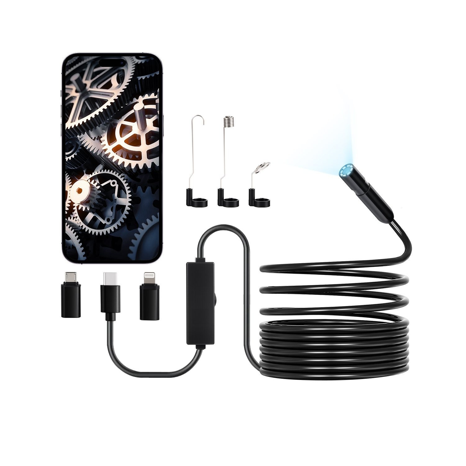 TEMU Vevor Endoscope Camera With Light, 1920p Hd Borescope For & Ios, 8 Led Lights Inspection Camera With 5m Semi-rigid Cable, 2x Zoom, Scope Camera