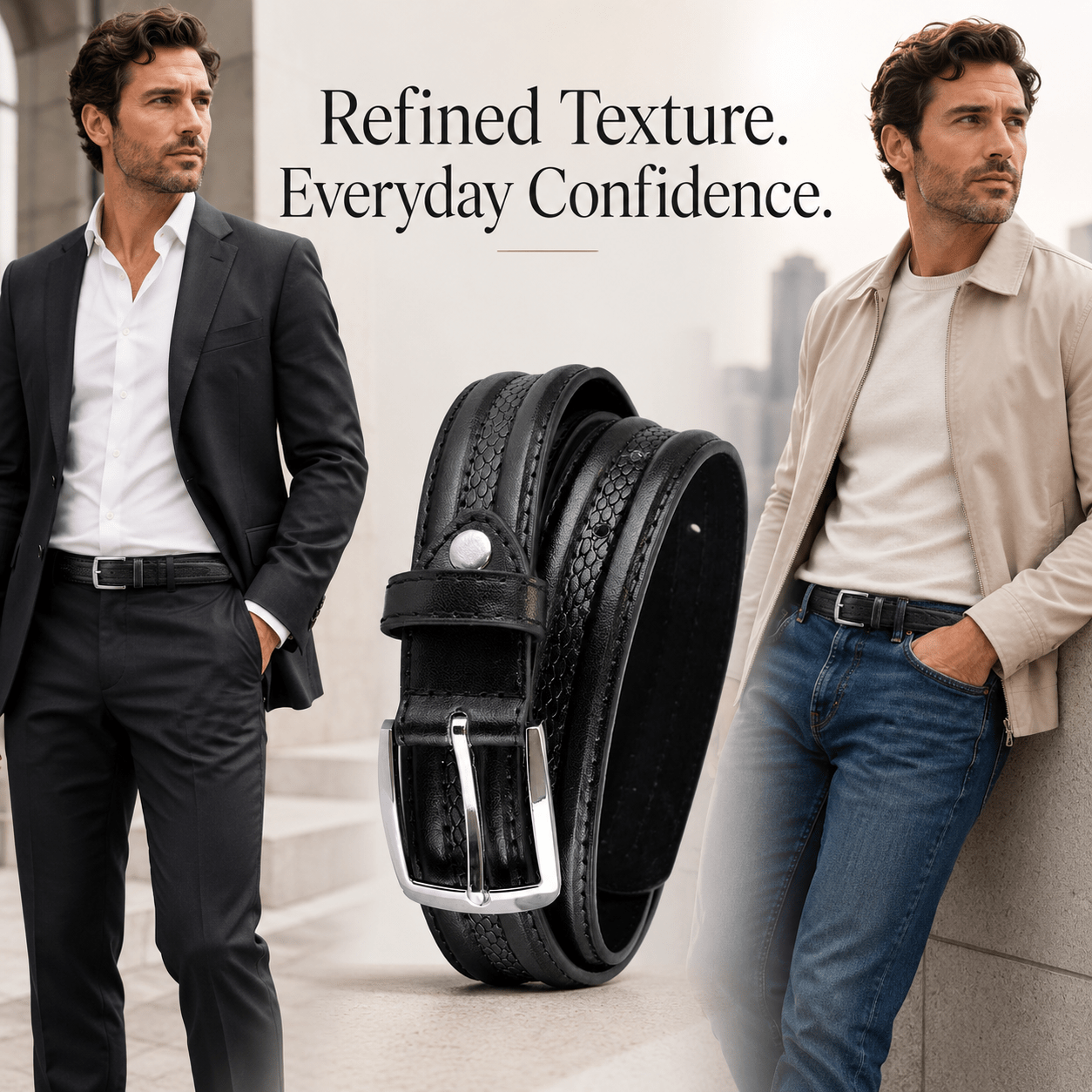 A2Z Men's Textured PU Leather Belt with Pin Buckle