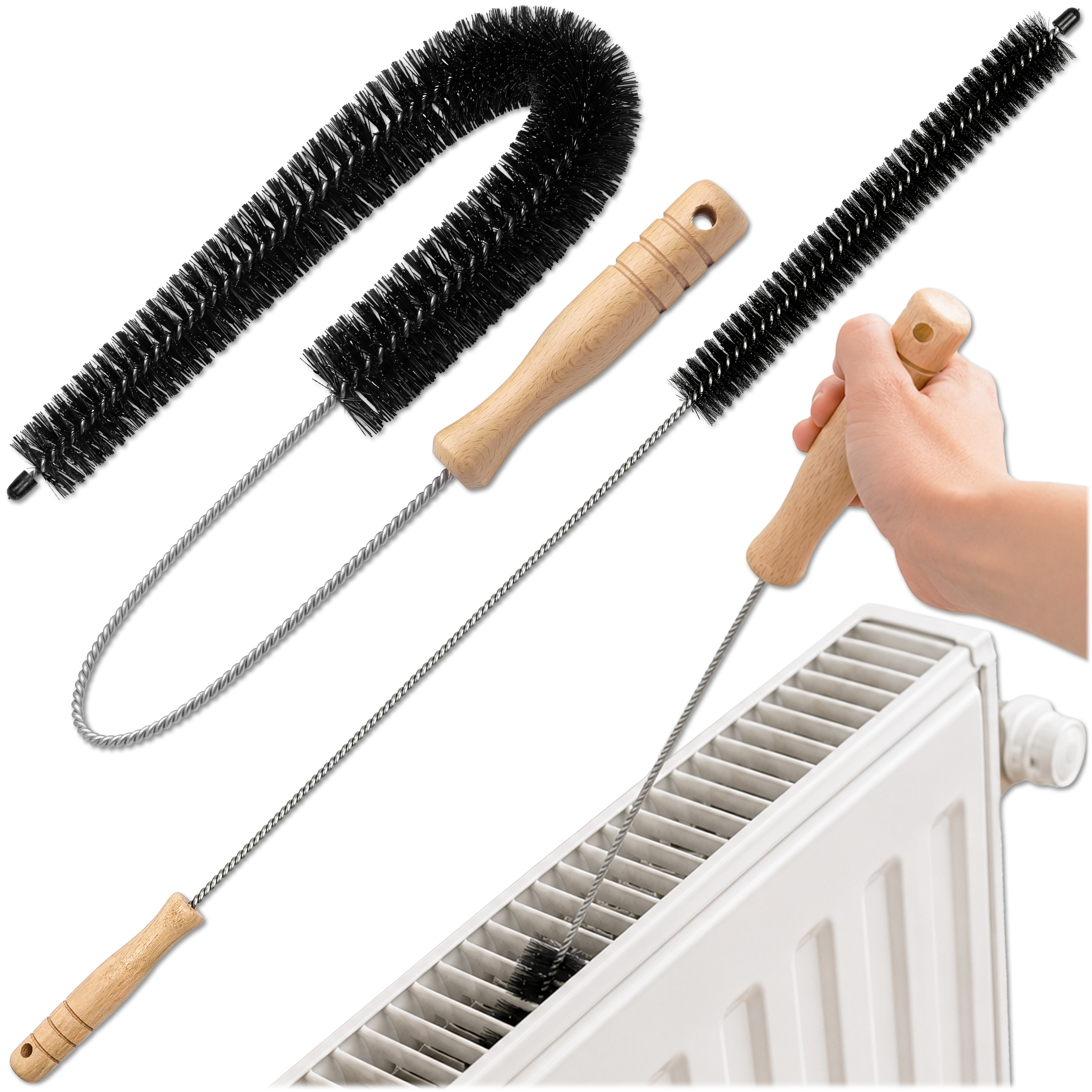 Brush For Radiators 120 Cm, Long Elastic Brush For Cleaning Radiators, Cleaner For Ribbed And Flat Radiators, Brush For Dust With A Wooden Handle