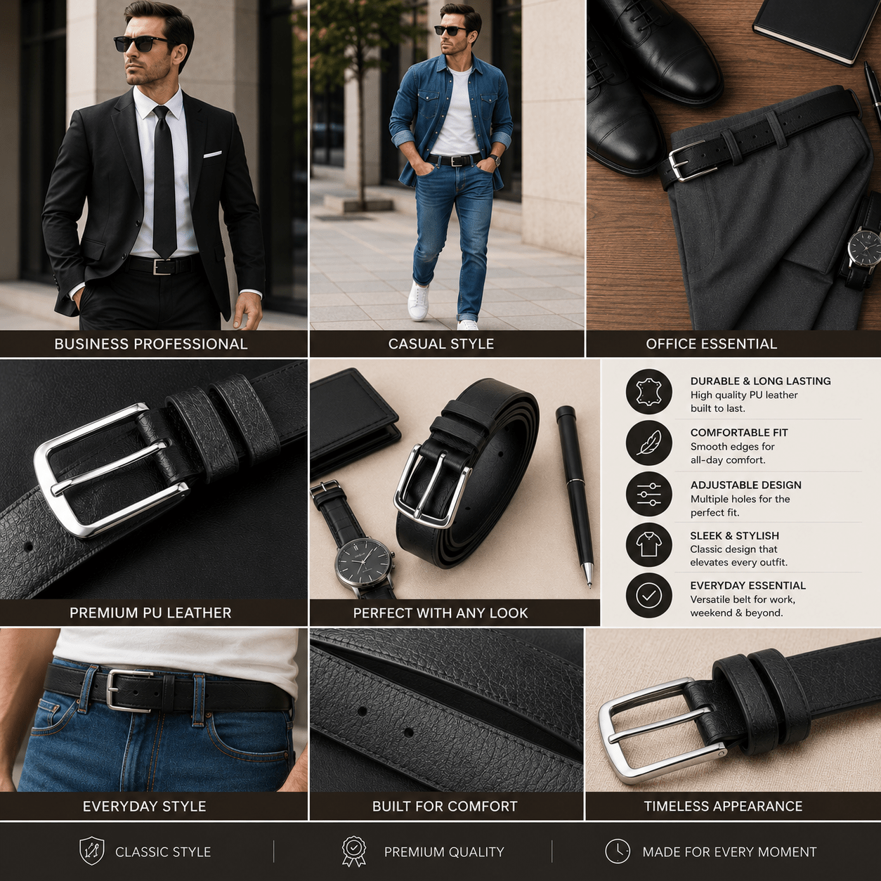 A2Z Men's PU Leather Belt with Silver Pin Buckle