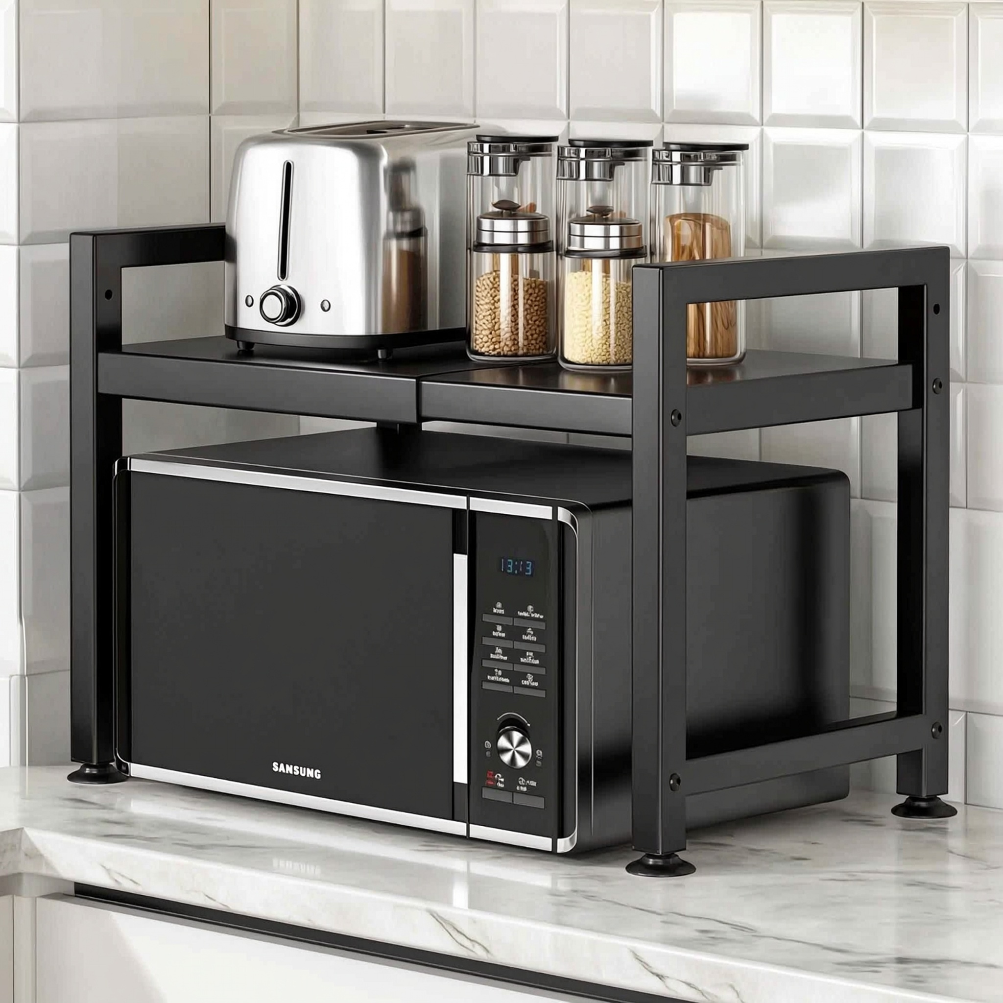 Image of 2-tier Microwave Oven Shelf Stand, Adjustable Width 40-65cm Kitchen Countertop Organizer With Cutting Board Rack And 6 Hooks, Carbon Steel Metal Rack For Toaster, Spice Jars