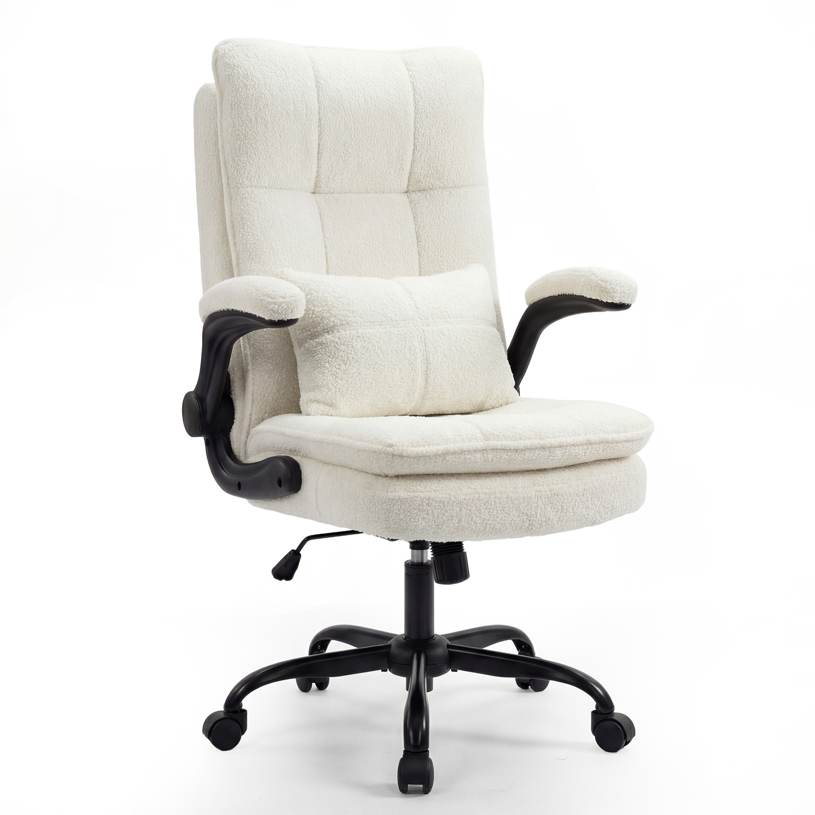 Ergonomic Office Chair Desk Chair Teddy Fabric & High Backrest Height Adjustable & Rocker Function Executive Chair 150 Kg Swivel Chair With Wheels Cream White