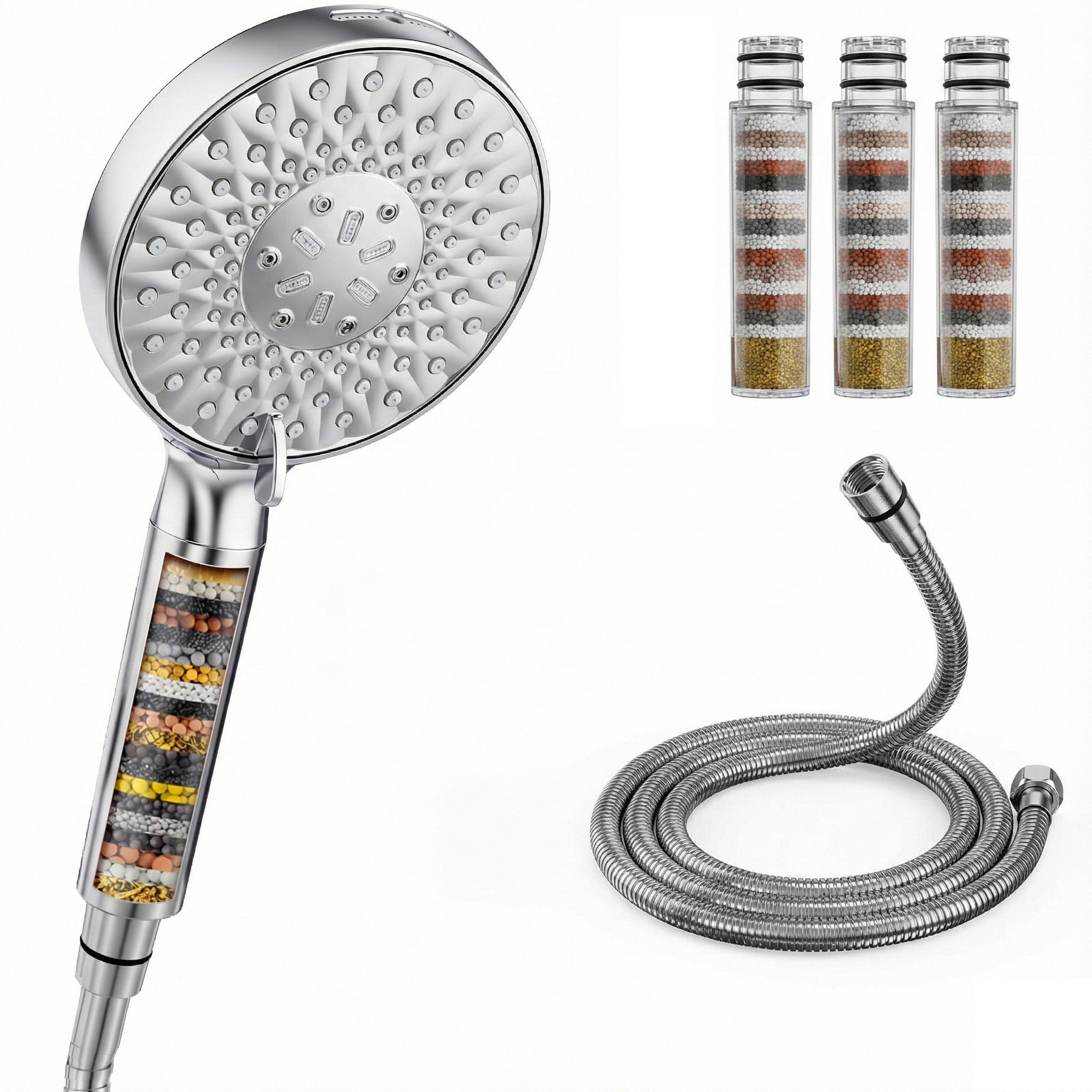 Image of 8+1 Spray Shower Head With 20-stage Filter - High Pressure Water- Shower Including 4 Replacement Cartridges, Anti-scale & Filtration For Dry Skin And Hair, Chrome/matte Black/brushed