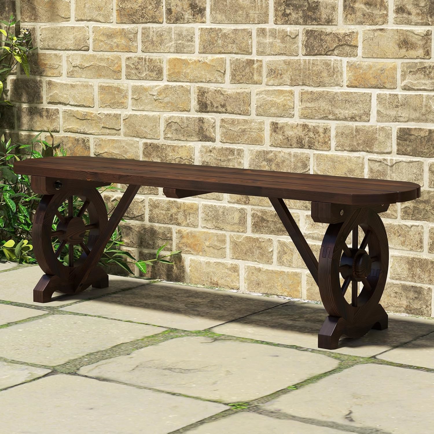 Image of Patio Rustic Wood Bench, Carbonized Wood Long Bench W/ Wagon Wheel Base, Slatted Seat Design, 2-seat Dining Bench For Garden, Backyard, Porch, 709 Lbs