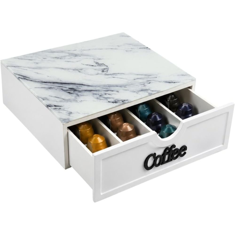 TEMU Cecaro Group Portacapsule Café con Cajón y Estante Superior en Mármol de Plexiglass Negro - Organizador de Cápsulas y Cápsulas Compartimentos,
