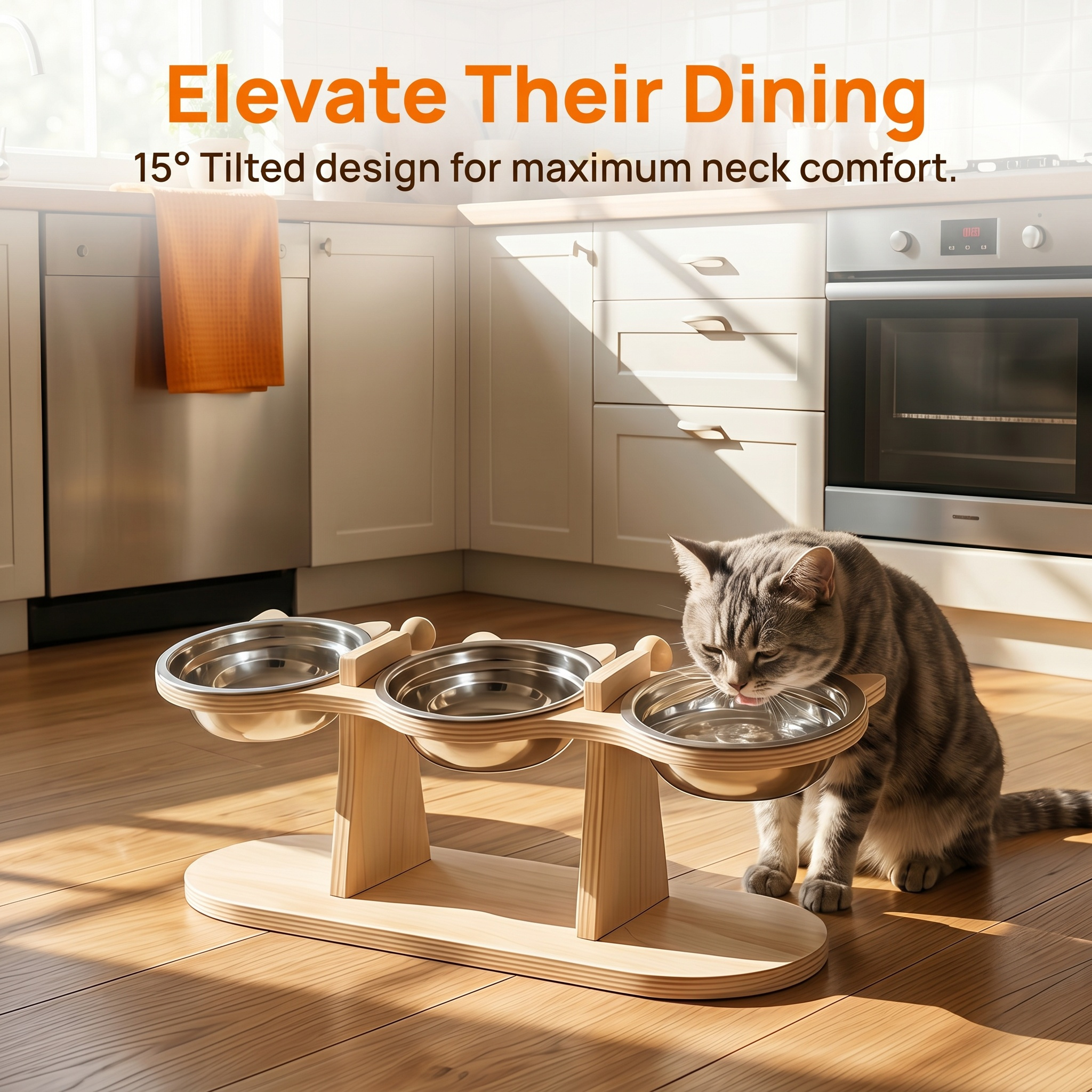 TEMU 3x Stainless Steel Bowl Raised Feeder – Wooden Stand, 15° Tilt, Adjustable Height, Stable & Easy Clean – Perfect For Cats & Small Dogs –
