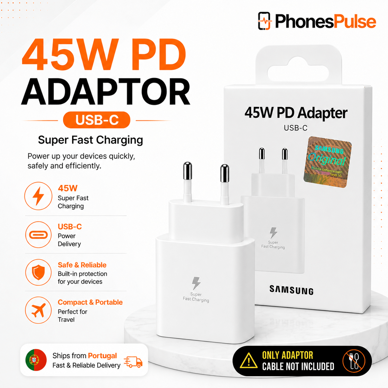 TEMU Adaptador SAMSUNG 45W PD USB-C de carga súper rápida - Solo adaptador *Cable no incluido