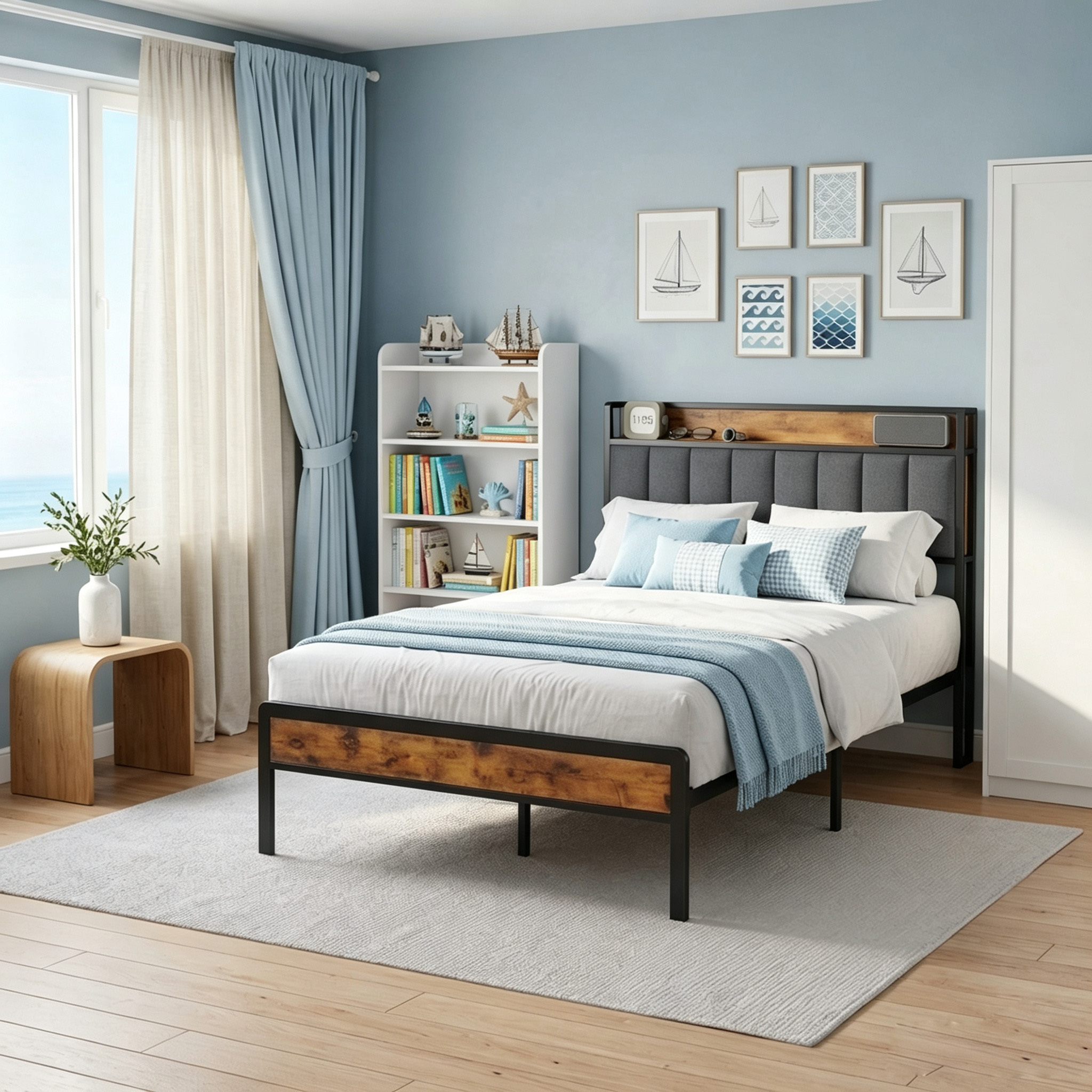 Upholstered Bed 120x200 Cm Double Bed With Storage Headboard & Metal Legs, Dark Grey/light Grey, Coree Bf25