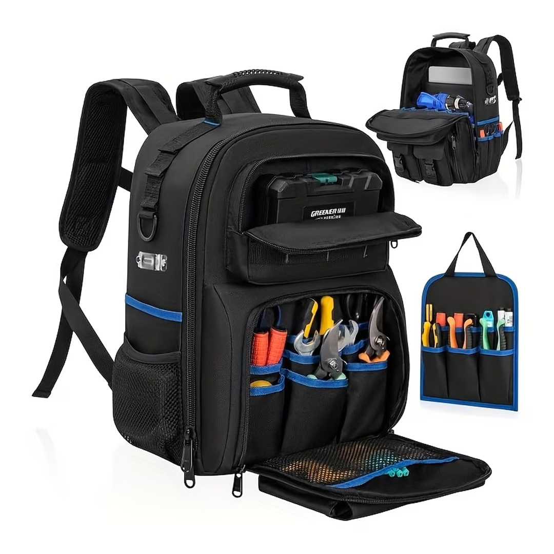 TEMU Heavy-duty Tool Backpack, Large Capacity Multi-compartment Design With Padded Straps - Durable Fabric Construction Suitable For Electricians,
