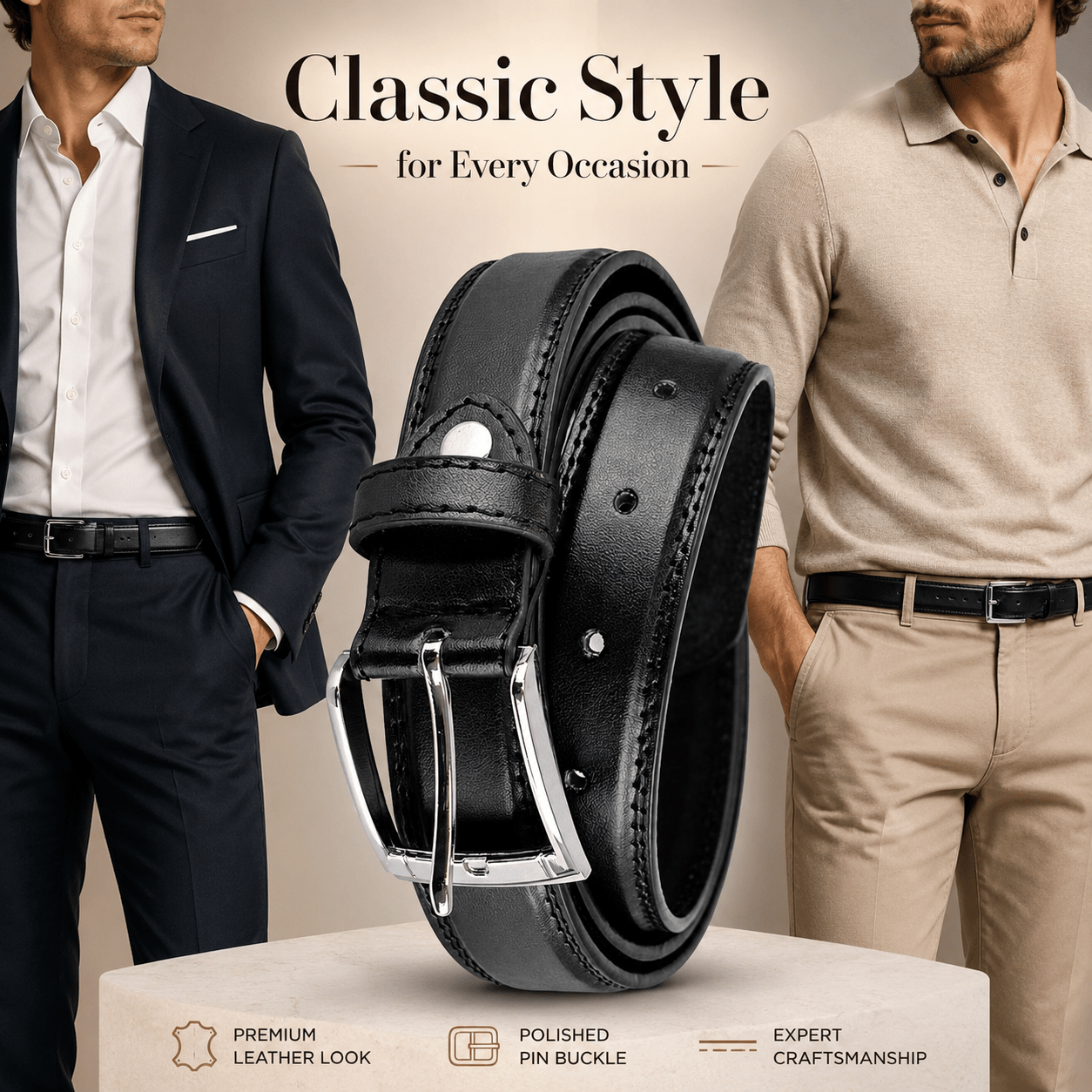 A2Z Men's PU Leather Belt with Alloy Pin Buckle