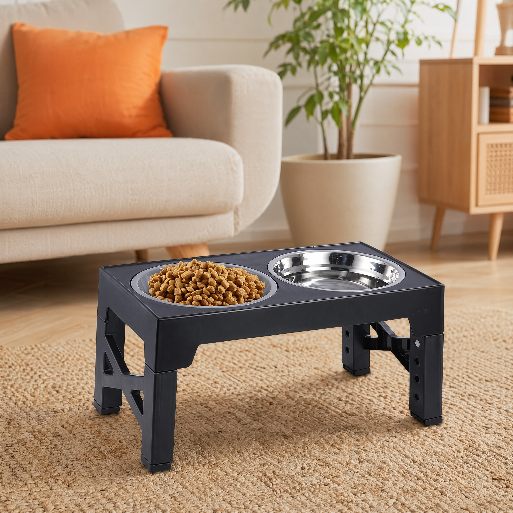 Image of 4 Height Adjustable Raised Dog Bowls, Foldable Elevated Feeder With Slow Feeder Bowl & Leak-proof Water Bowl, For Small Medium Large Dogs
