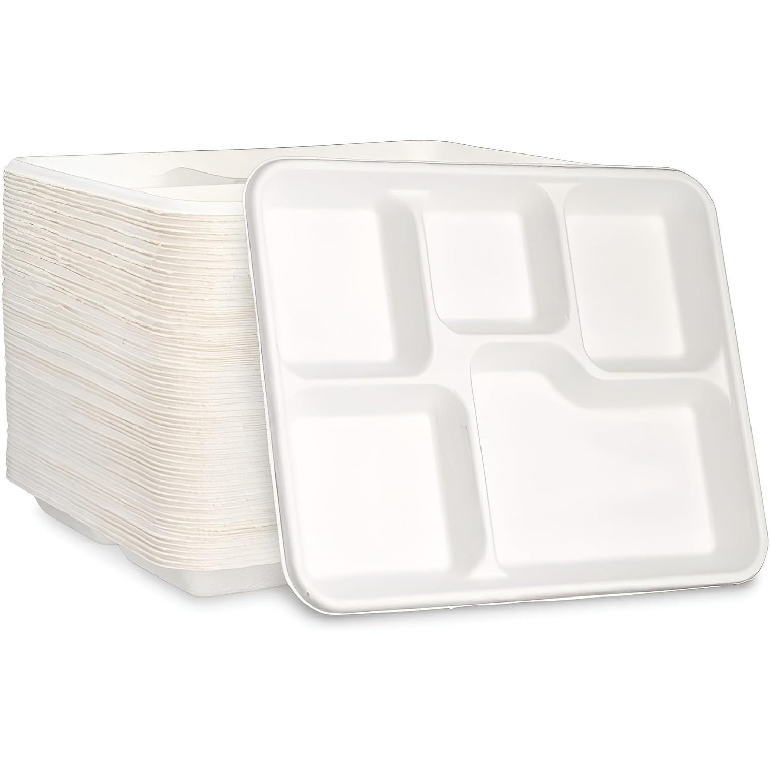TEMU Kav 5 Compartment Disposable Plates, Sugarcane Fiber Food Trays, Tableware, Microwave & Freezer Safe, Pack Of 50