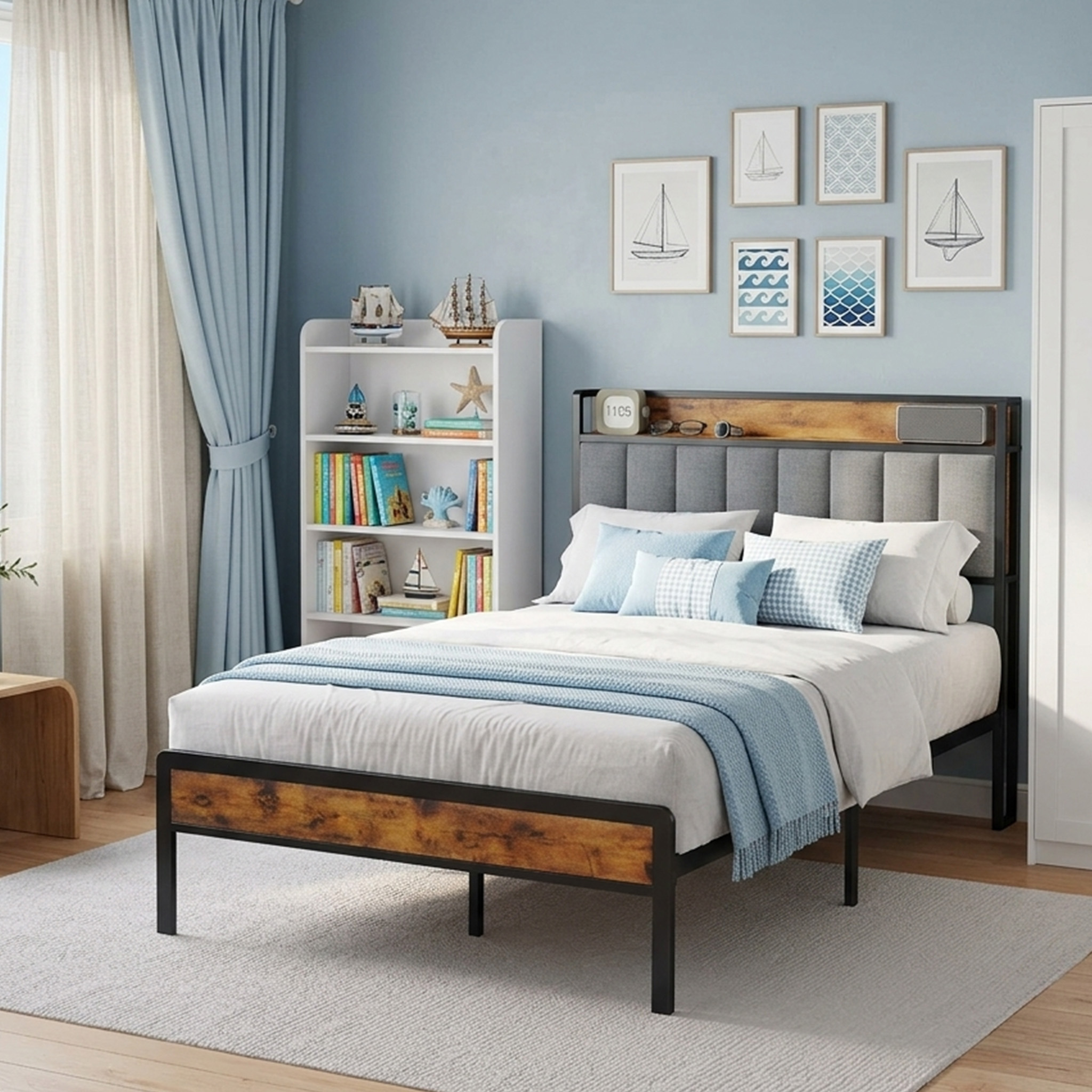 Upholstered Bed 120x200 Cm Double Bed With Storage Headboard & Metal Legs, Dark Grey/light Grey, Coree Bf25