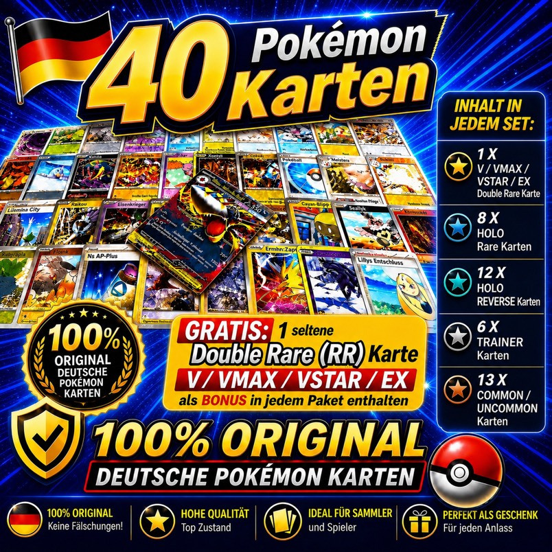 Image of 40 Original German Cards - Includes: 1 ///ex Double Rare (rr) Card + 8 Rare Cards + 12 Reverse Cards + 6 Trainer Cards + 13 Common/uncommon Cards In Each Set