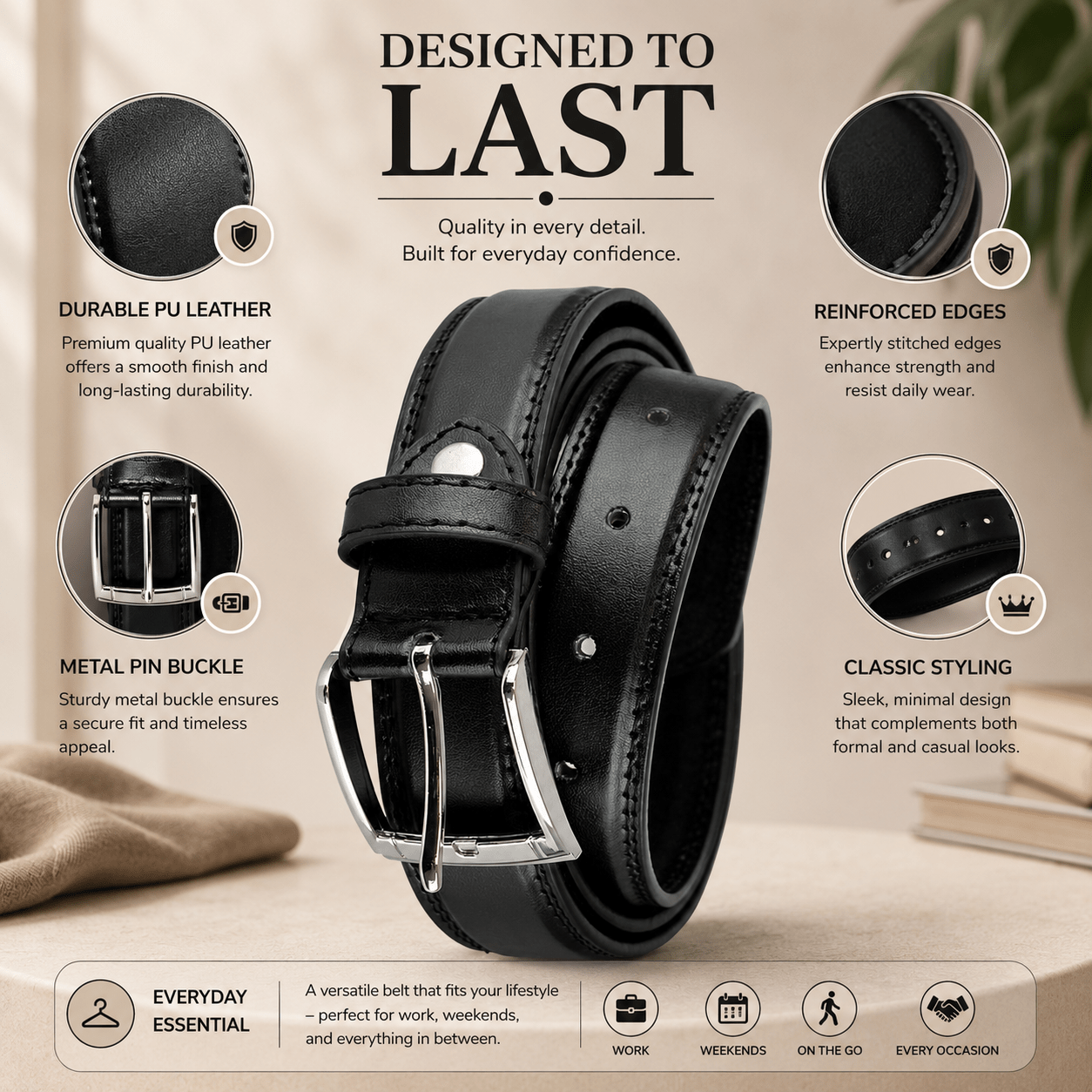 A2Z Men's PU Leather Belt with Alloy Pin Buckle