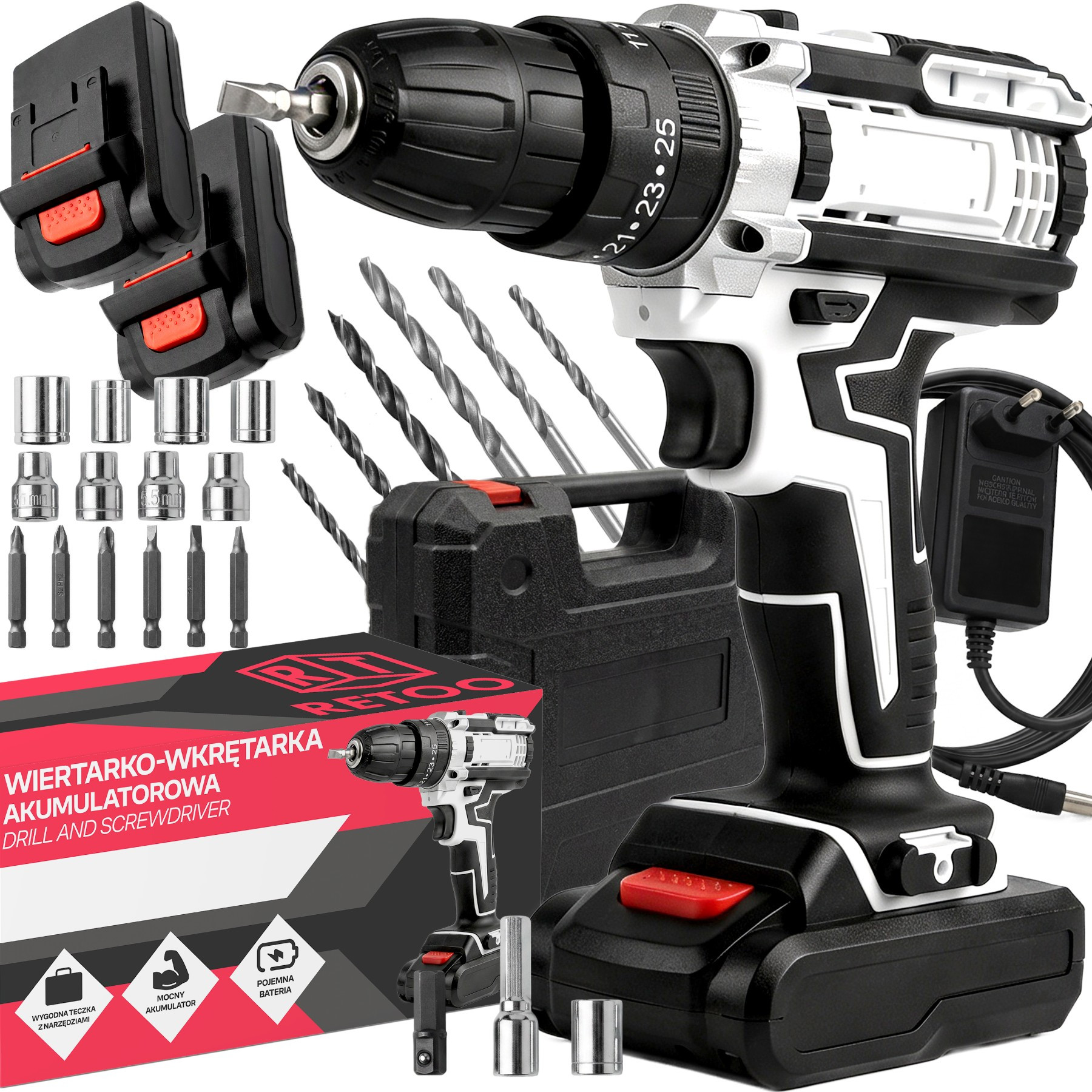 Battery Drill Driver Retoo Techpro, Set With 2 Batteries, Charger And Case, Drill 0.8 Mm, 18+1 Torque , 2 Gears And Led Display For Diy And Assembly Work