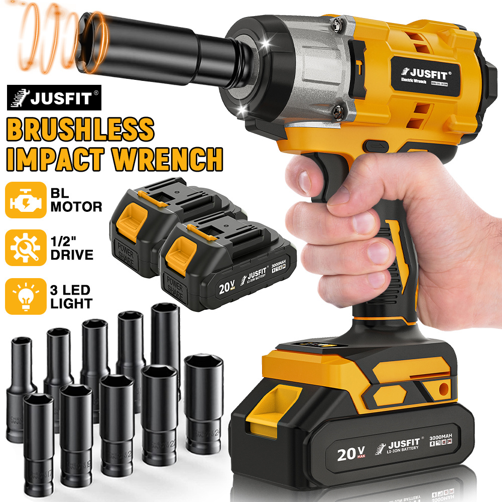 TEMU Heavy Duty Impact Wrench With10pcs Impact Sockets, 1000nm, Brushless 1/2" Cordless Impact Gun For Truck & Automotive Maintenance, 3-speed