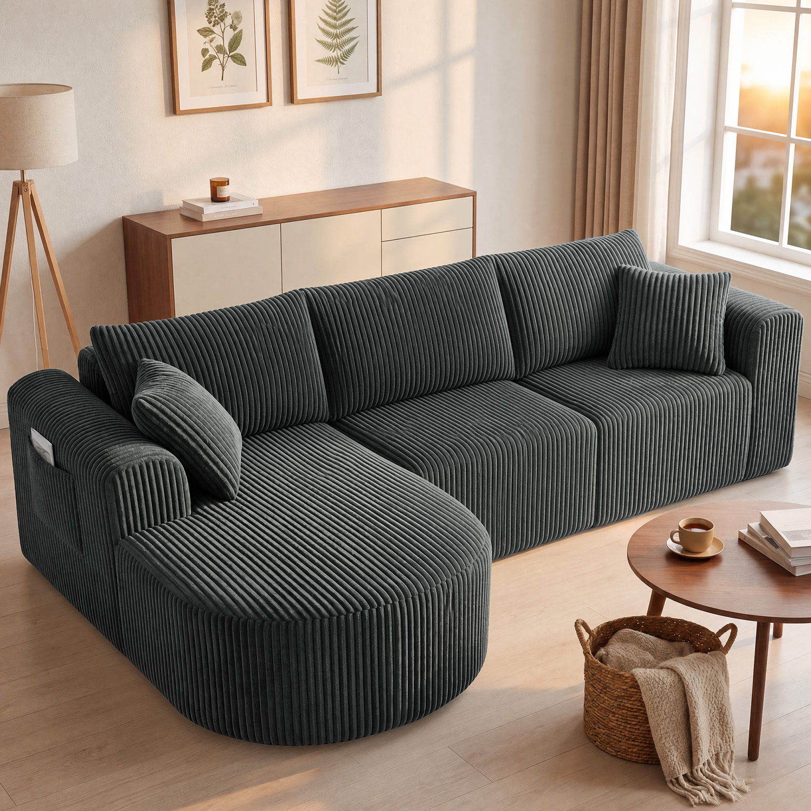 Luckracer Corner Sofa With Sleeping Function, Corduroy Modular Boneless Couch With Chaise Longue, L-shaped Sleeper Sofa, Sectional Sofas With Cushions & Side Pockets, Sofa For Living Room, No .