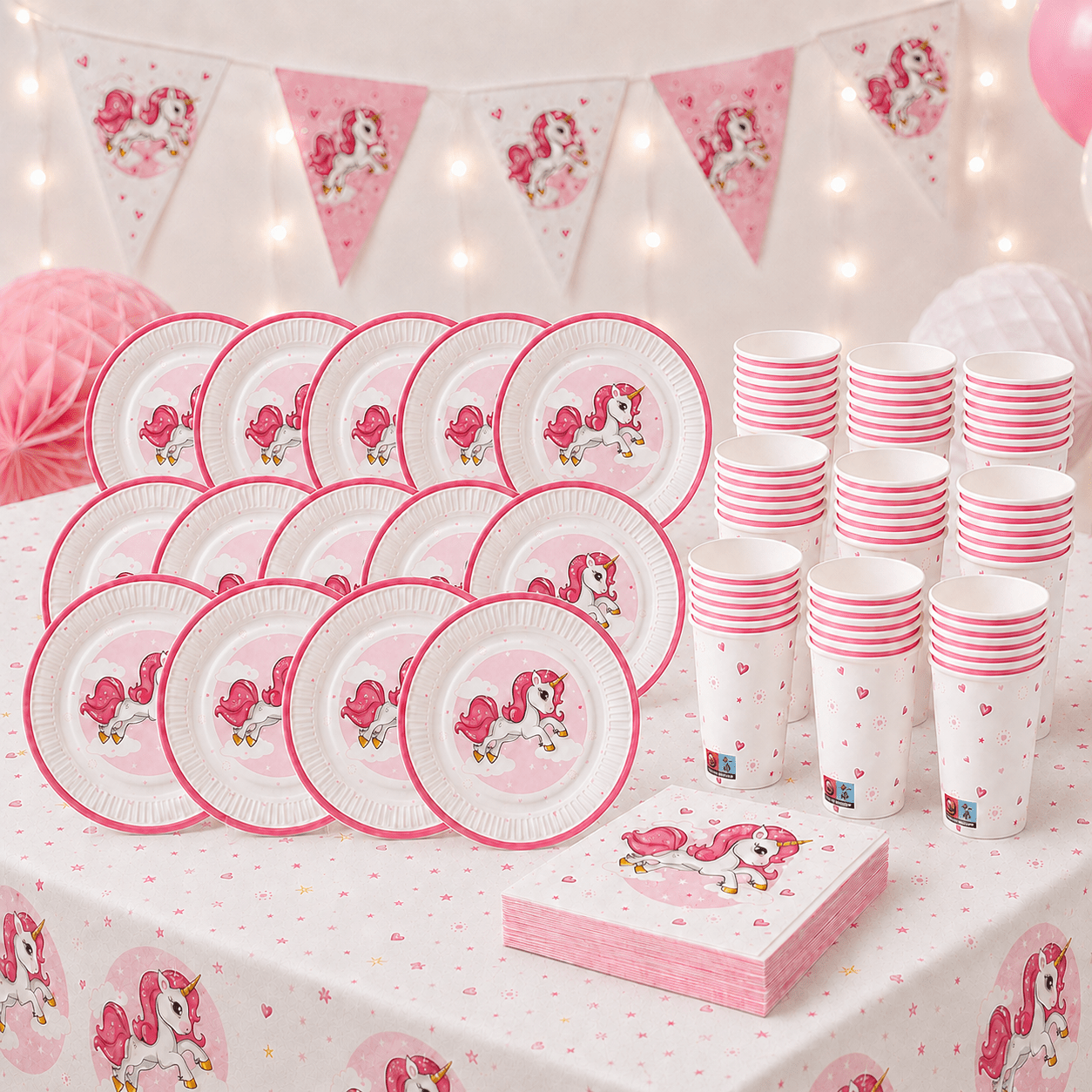 Unicorn Party Set Pink For 16 People, Tablecloth, Plates, Cups, Napkins, 69 Pieces, Birthday, Bbq
