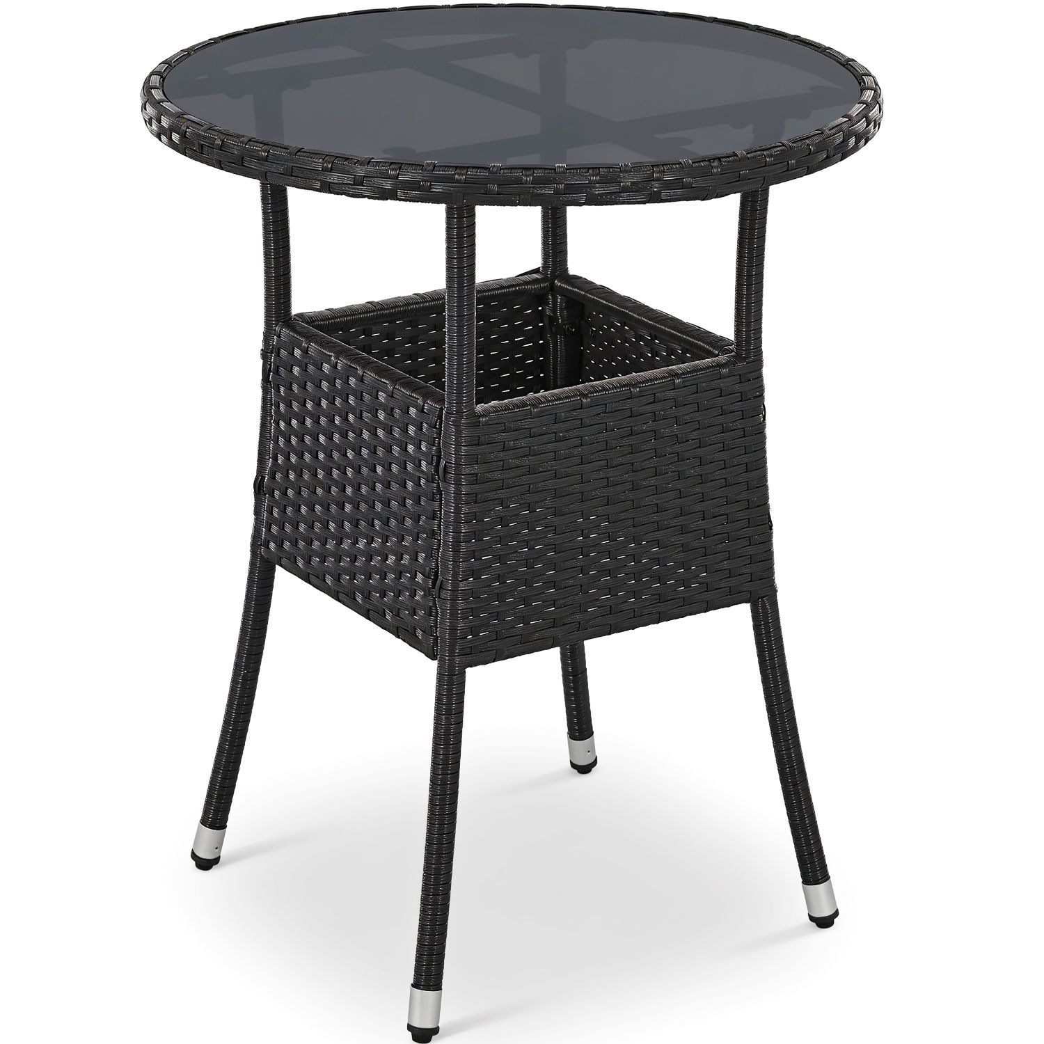 Image of Polyrattan Round Outdoor Patio Table, Glass Table, Easy To Clean
