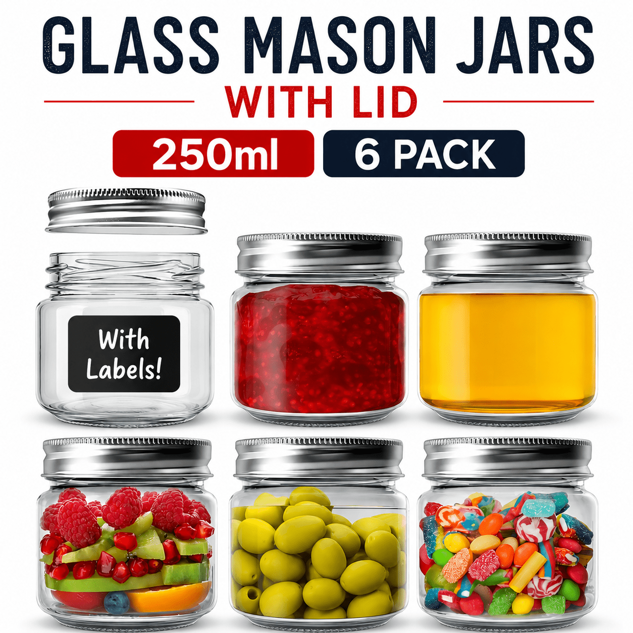TEMU Mason Jars With Lids - 6 Pack 250ml Leakproof Glass Jars With Lids For Airtight Seal - Round Mason Jar With Lid, Black Labels And Pen